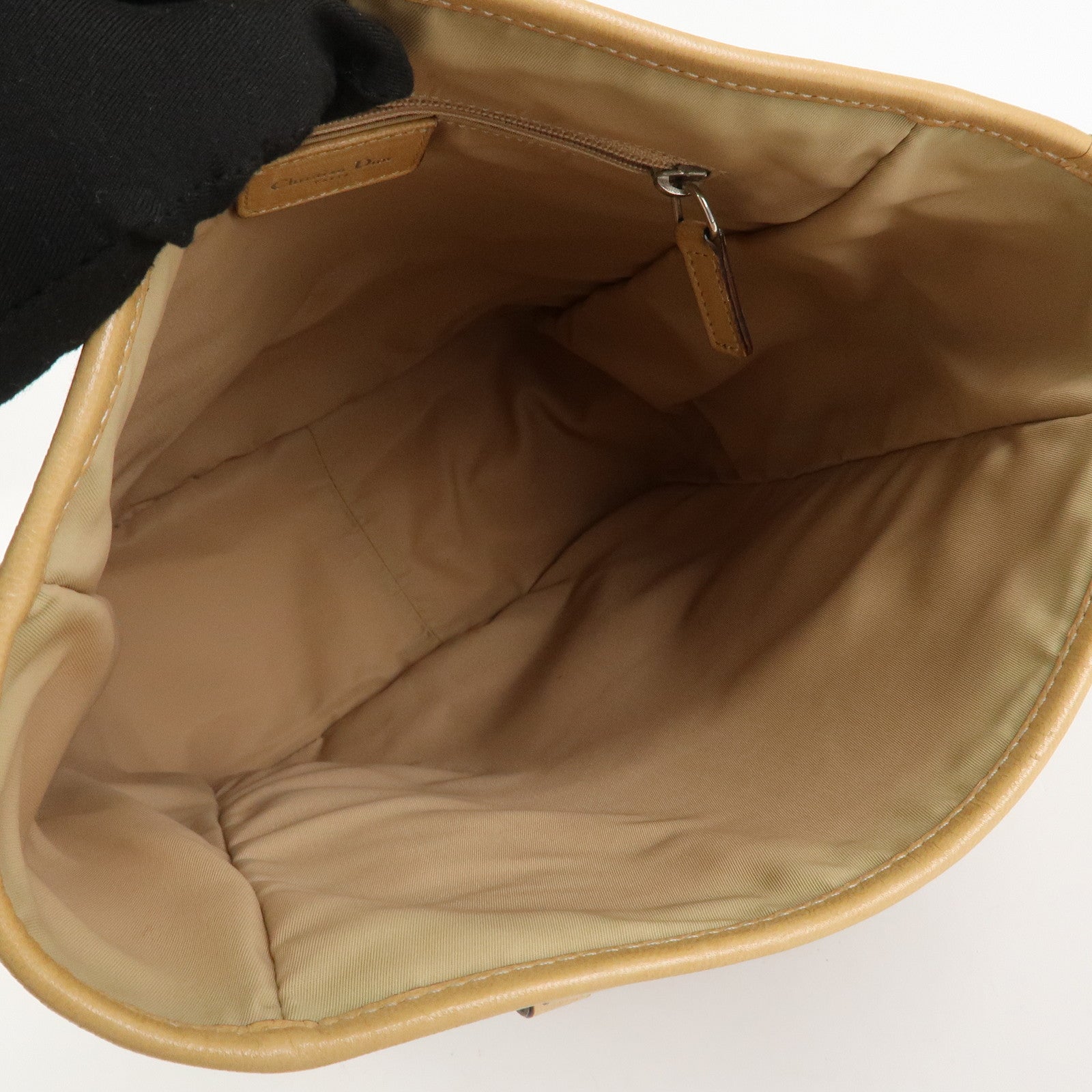 Christian Dior Trotter Leather Canvas Tote Bag Shoulder Bag Beige