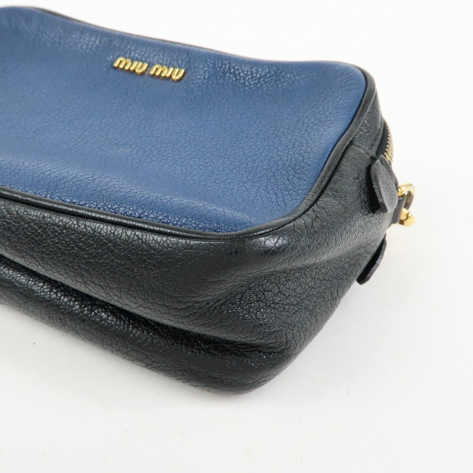 MIU MIU Logo Leather Shoulder Bag Crossbody Bag Blue Black