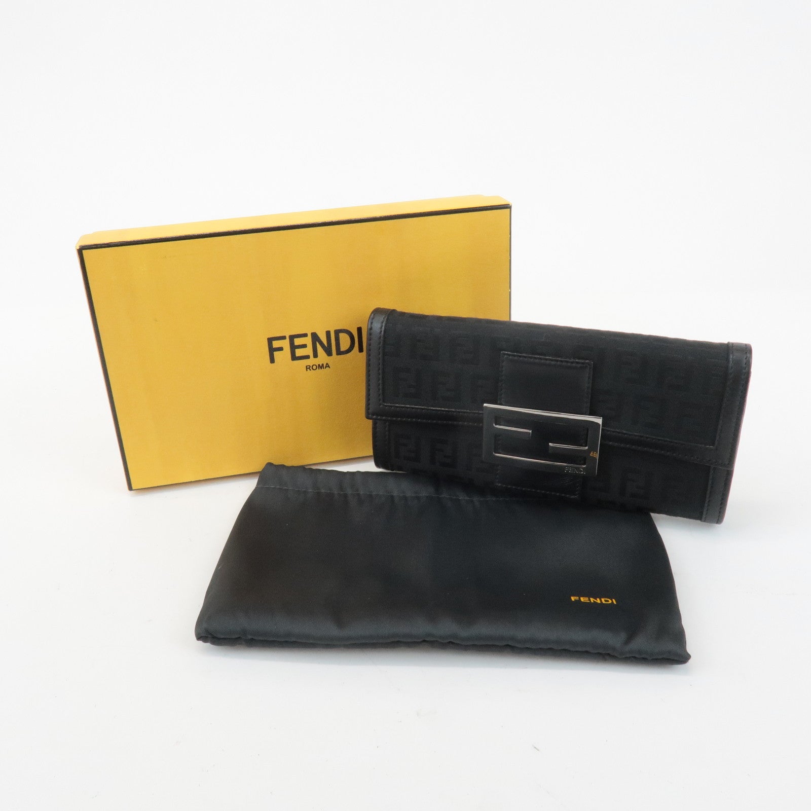 FENDI Zucchino Leather Canvas Bi-fold Long Wallet Black M0021 Used