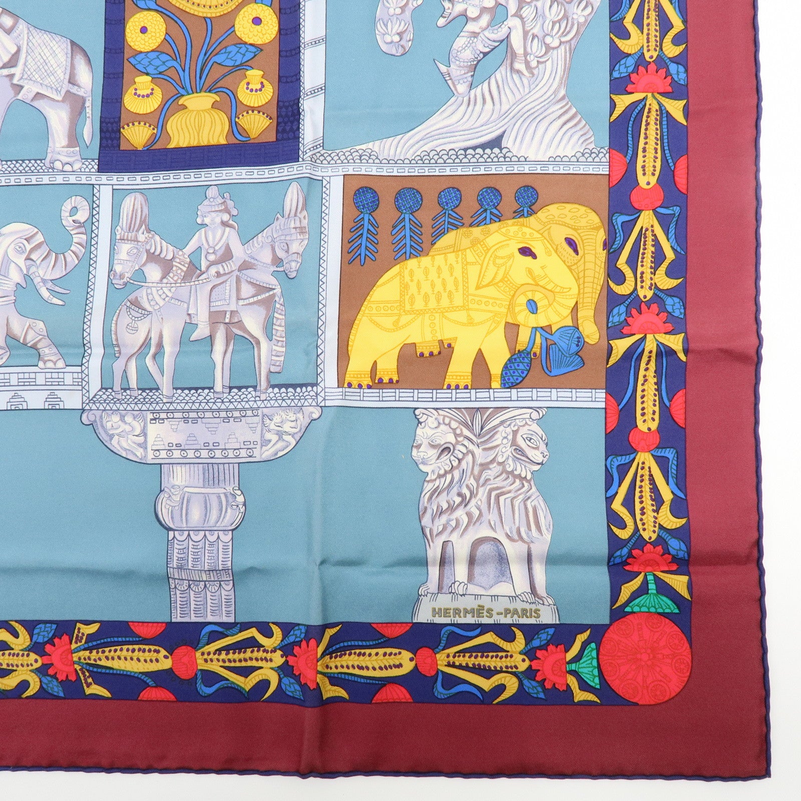 HERMES Carre 90 Silk 100% Scarf TORANA Blue Green Gold