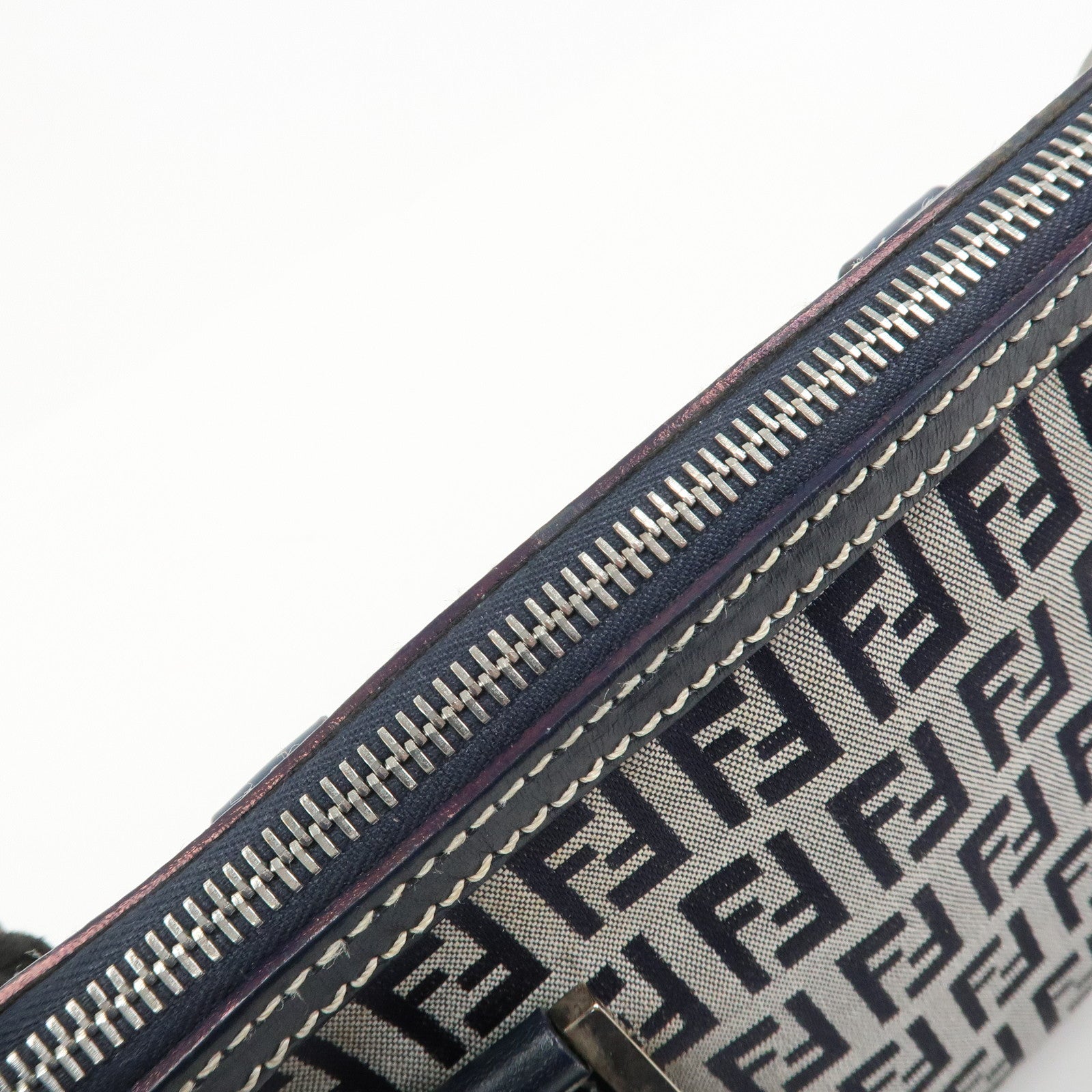 FENDI Zucchino Canvas Leather Hand Bag Mini Boston Bag Navy 16327