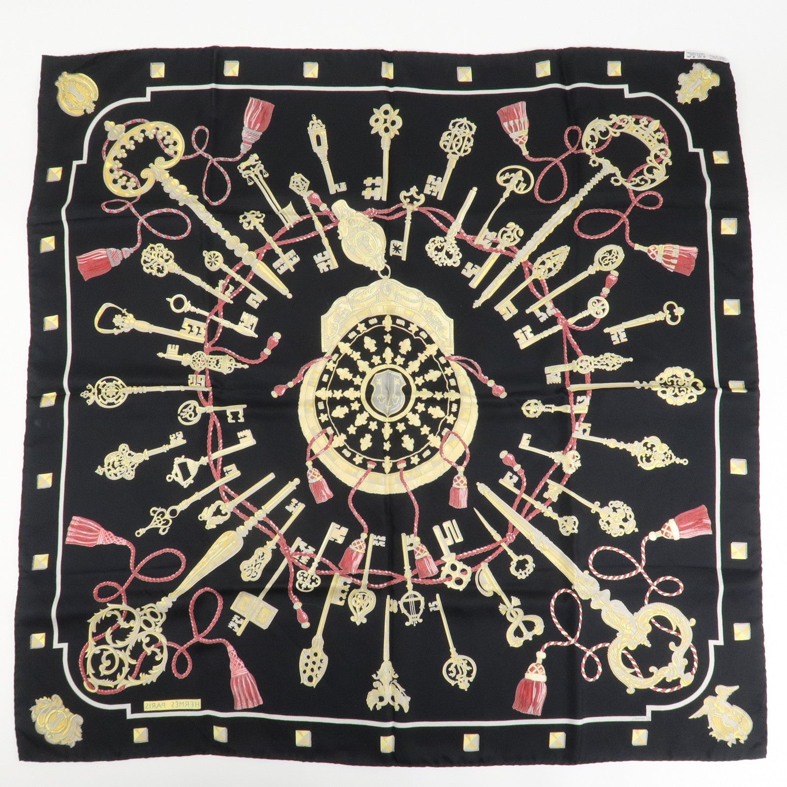 HERMES Carre 90 Silk 100% Scarf LES CLES THE KEYS RARE Black Gold Used