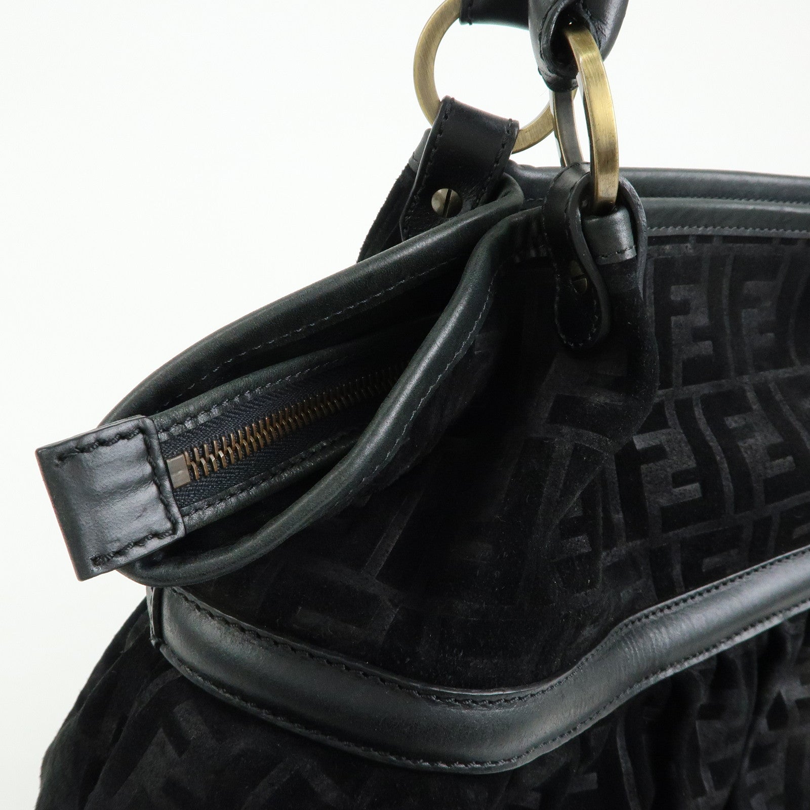 FENDI Zucca Suede Leather Gathered Shoulder Bag Black 8BH186