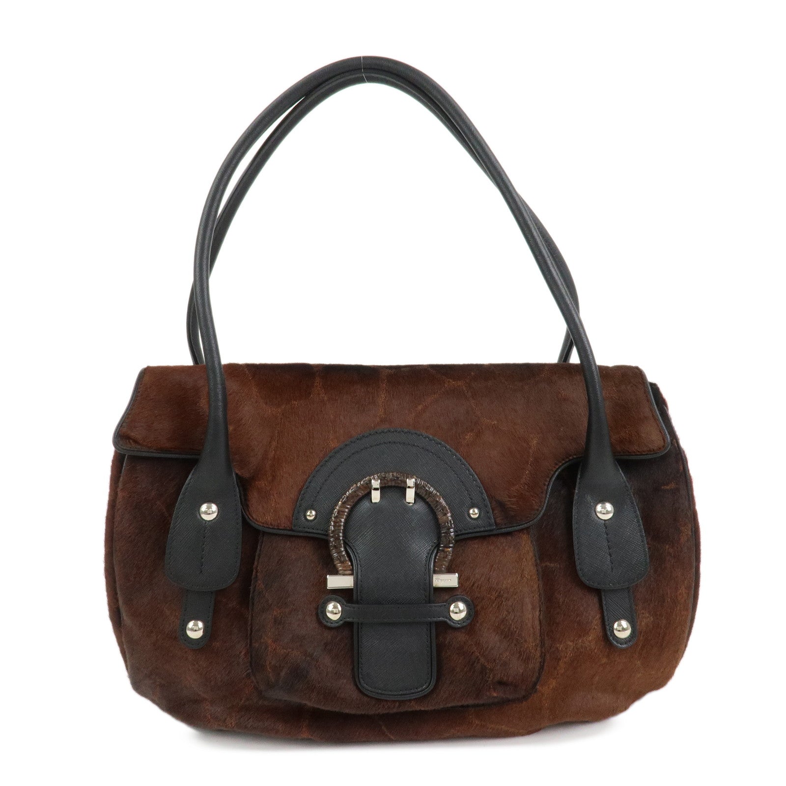 Ferragamo Gancini Logo Unborn Calf Leather Shoulder Bag Brown