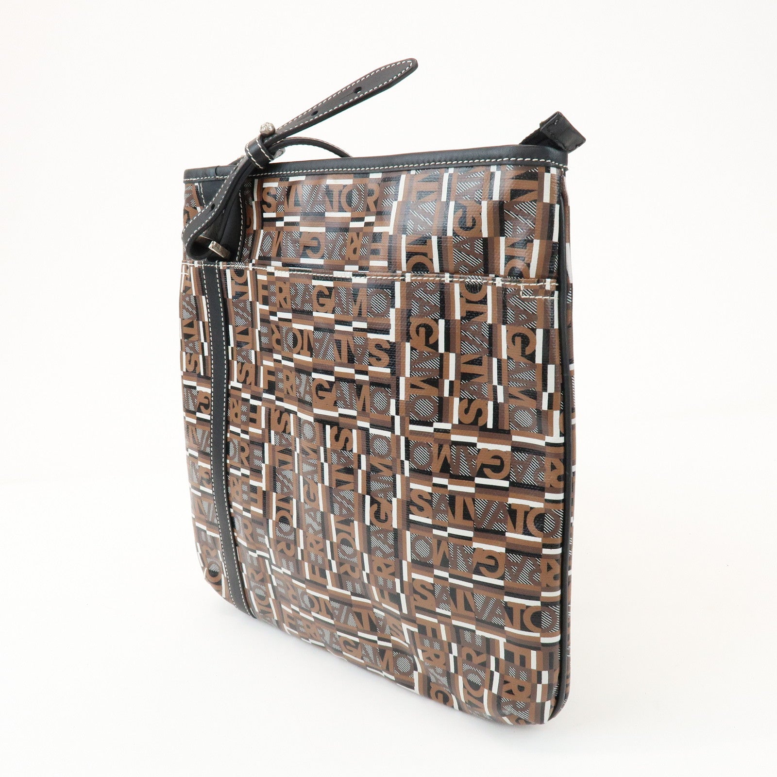 Ferragamo Logo PVC Leather Shoulder Crossbody Bag Brown Black