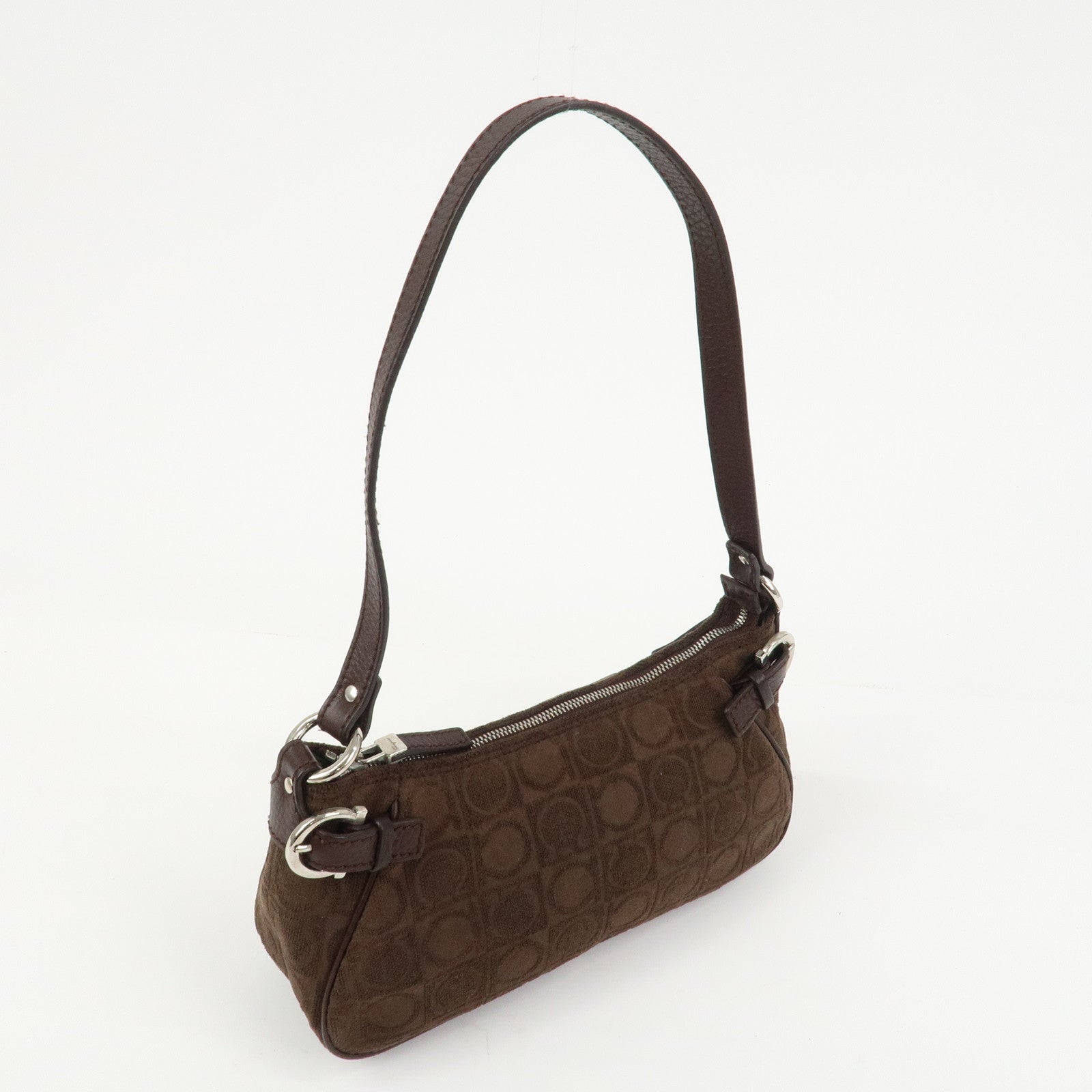 Ferragamo Gancini Polyester Leather Shoulder Bag Hand Bag Brown