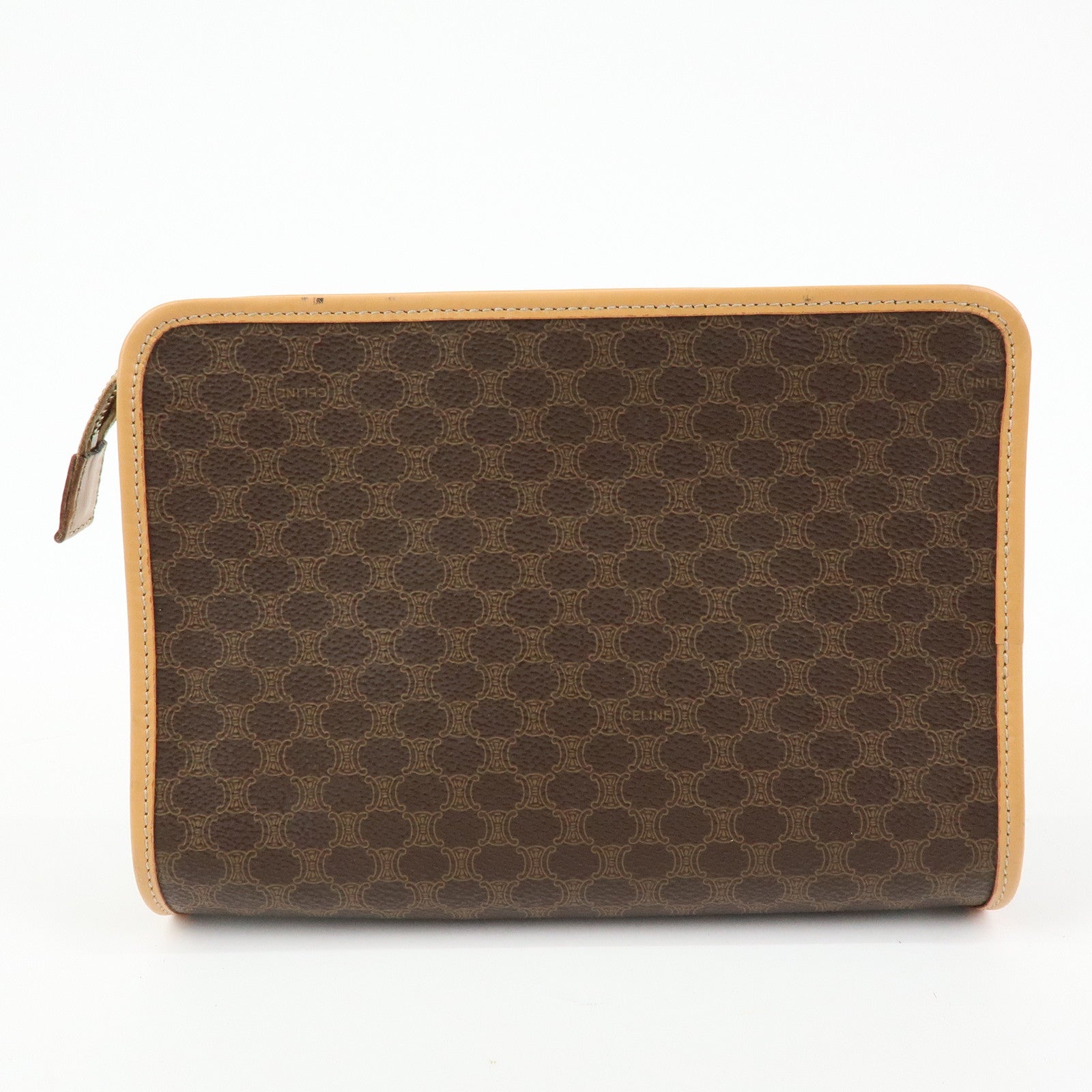 CELINE Macadam PVC Leather Clutch Bag Cosmetic Pouch Brown