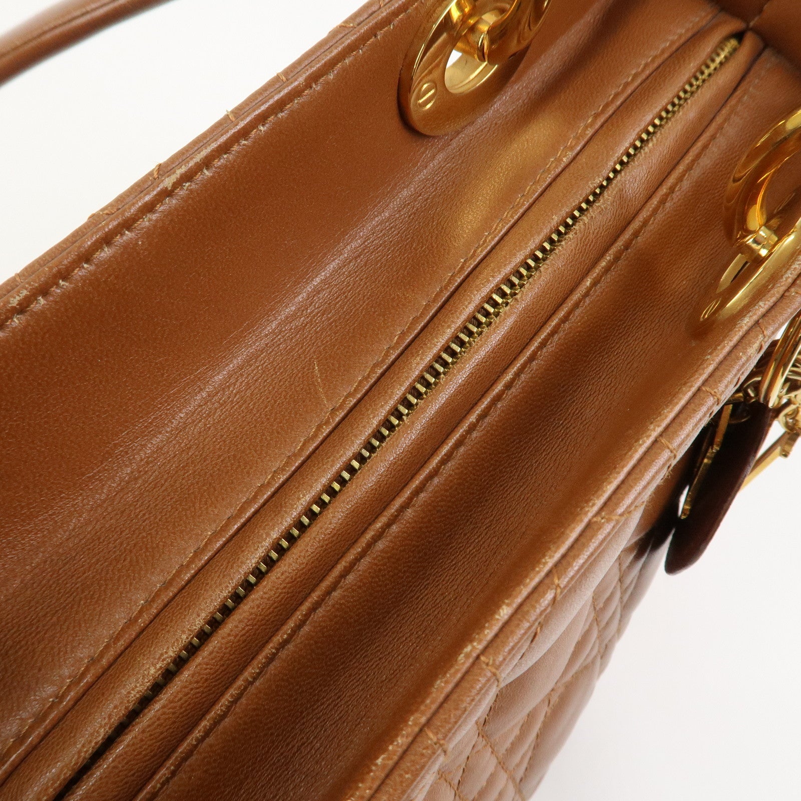 Christian Dior Canage Lady Dior Lamb Skin Hand Bag Tote Bag Brown