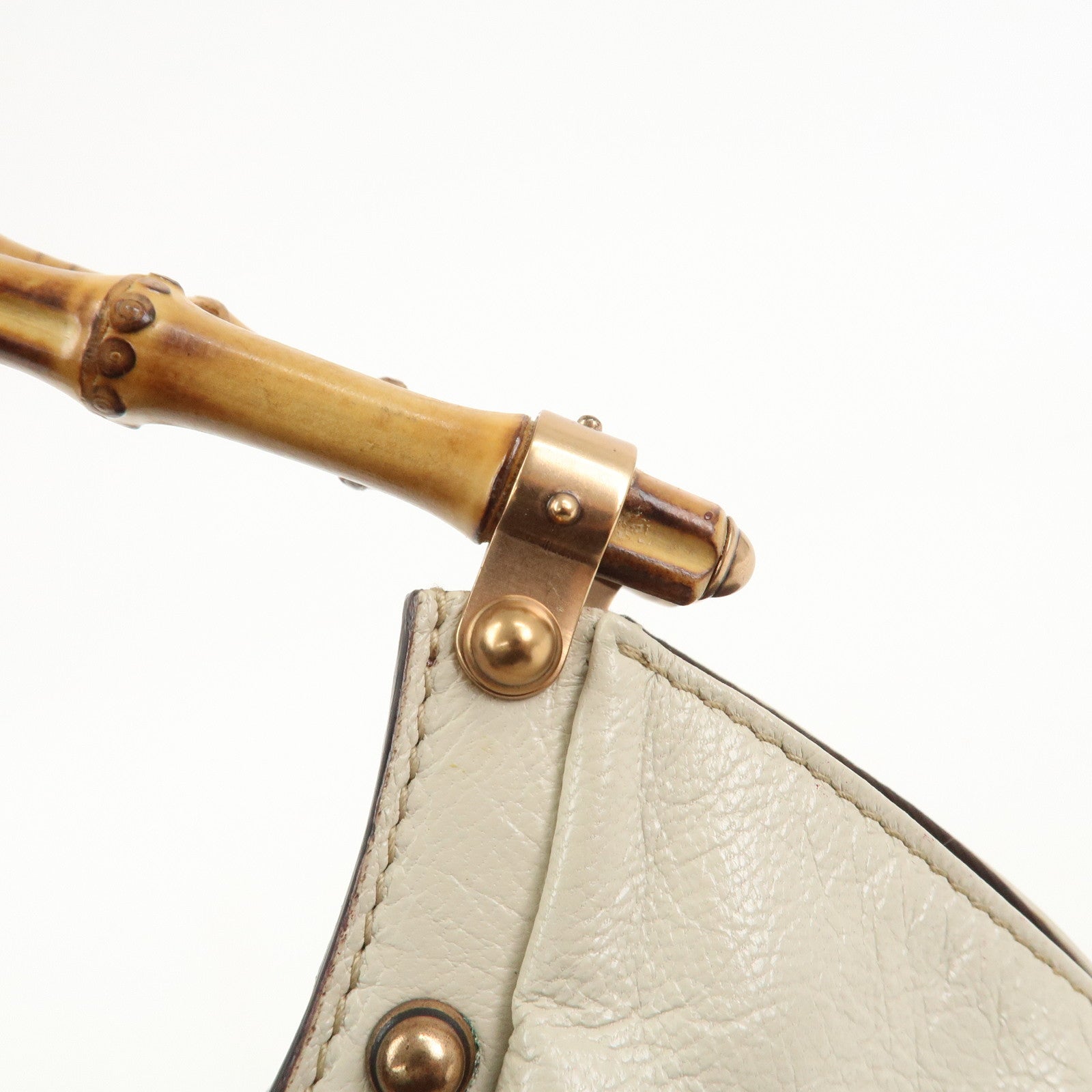 GUCCI Bamboo Leather Studs Shoulder Bag Hand Bag Ivory 124297