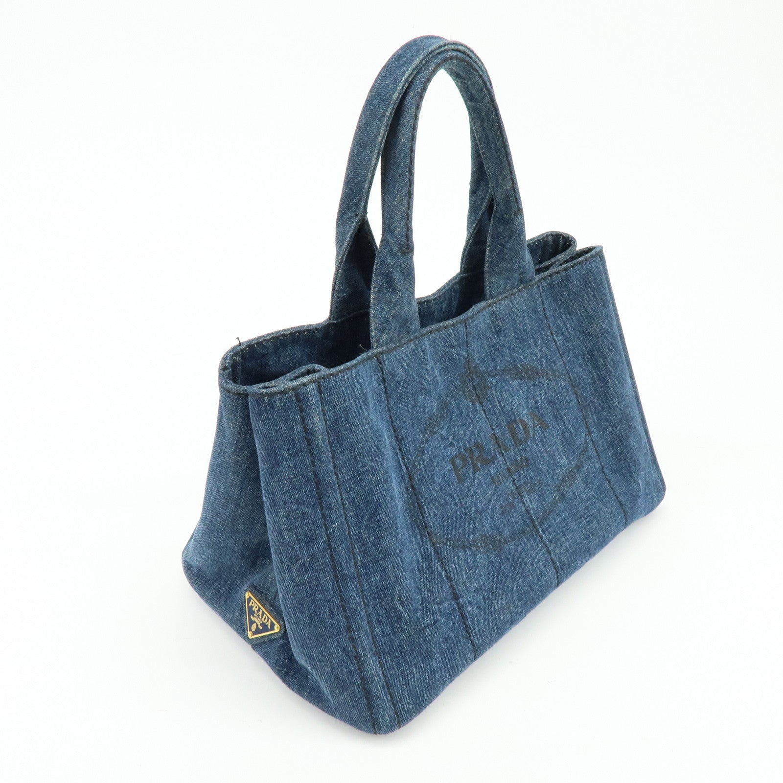 PRADA Canapa Tringle Logo Canvas Denim Tote Hand Bag Blue B1877B