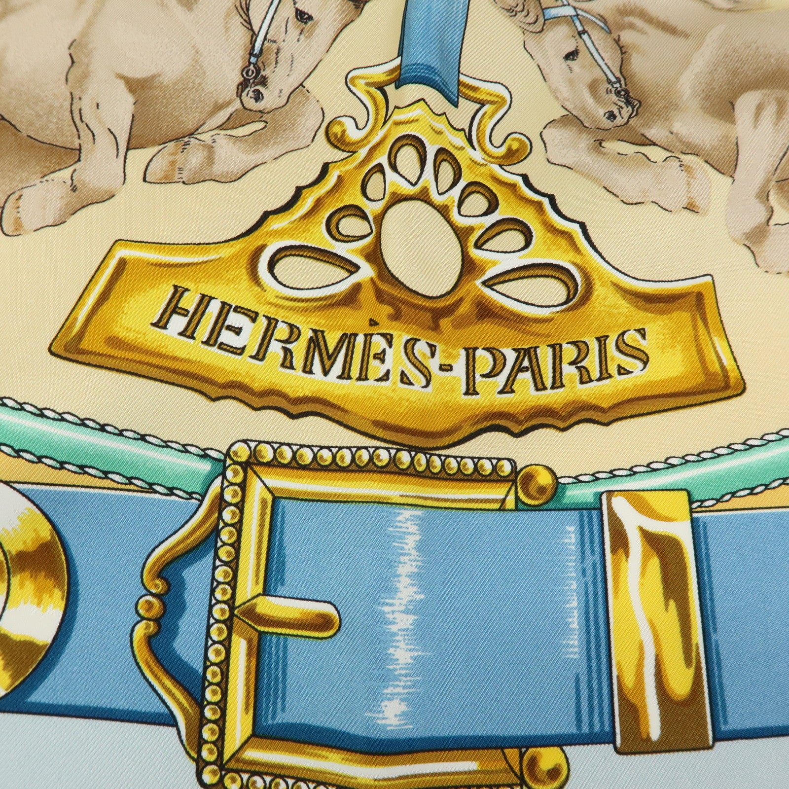 HERMES Carre 90 Silk 100% Scarf CHEVAUX DE TRAIT Light Blue Yellow