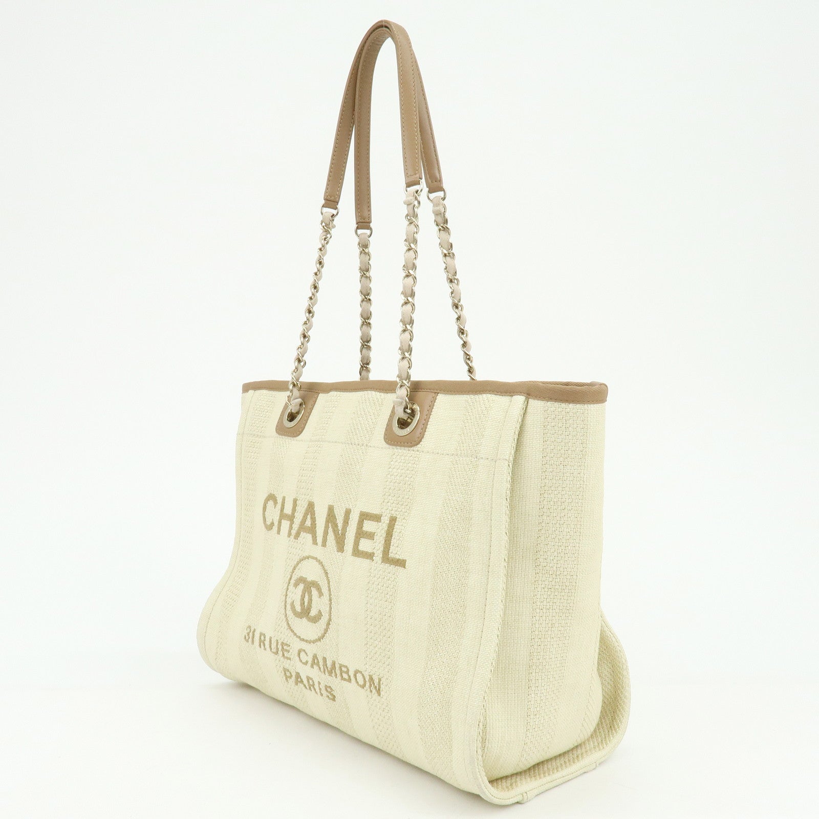 CHANEL Deauville MM Straw Leather Tote Shoulder Bag Beige A67001