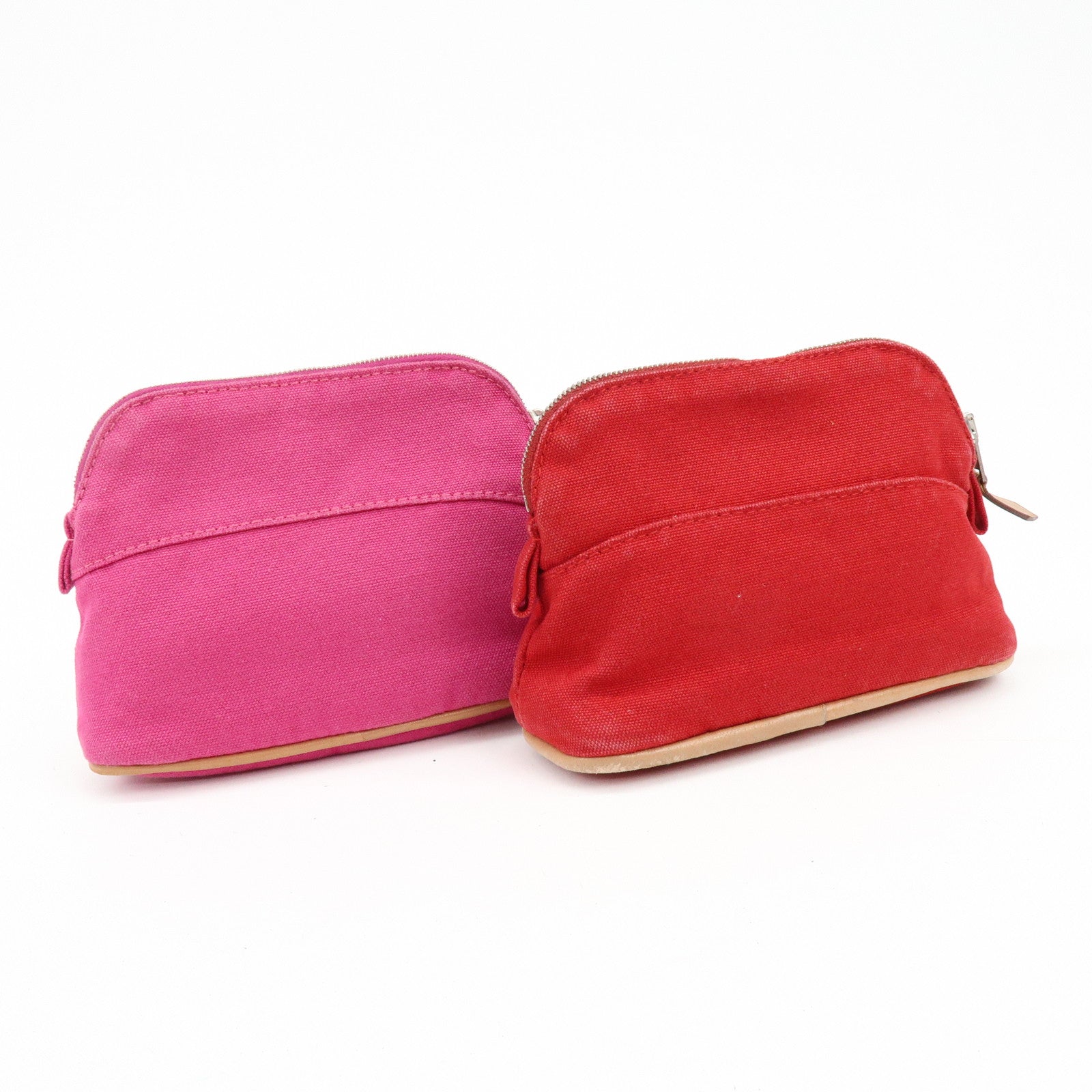HERMES Bolide Set of 2 Canvas Leather Cosmetic Pouch Pink Red