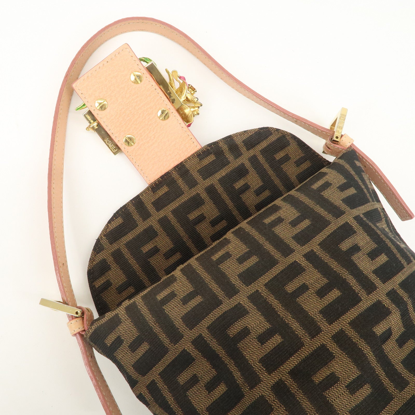 FENDI Zucca Canvas Leather Shoulder Bag Black Pink Flower Motif