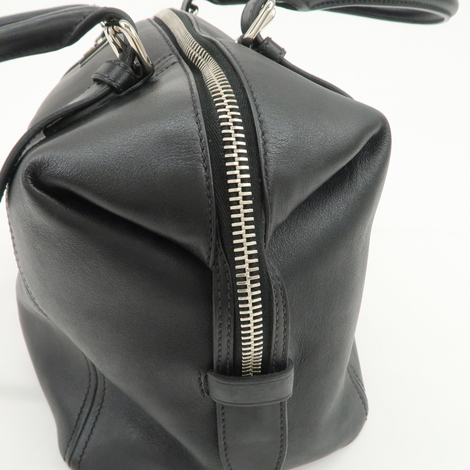PRADA Triangle Logo Leather Boston Bag Shoulder Bag Black BR4998