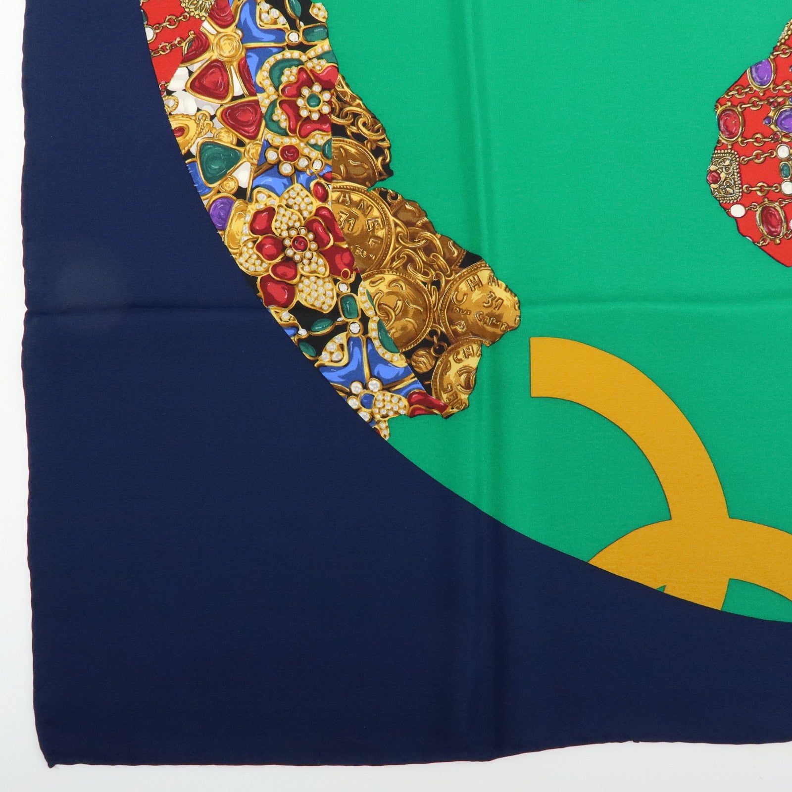 CHANEL Silk 100% Scarf Bijou 86cm×86cm Navy Green