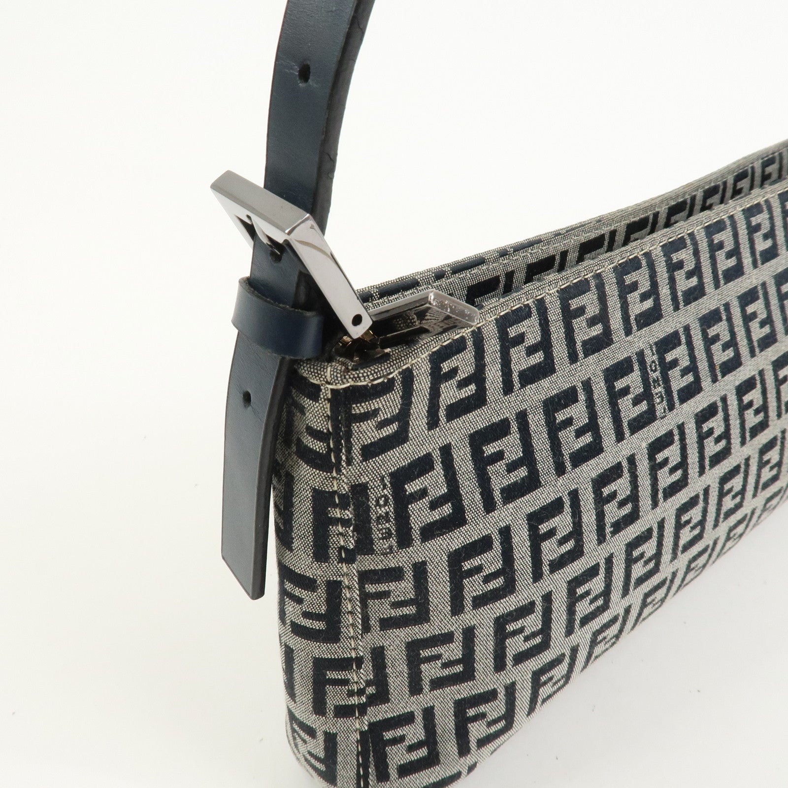 FENDI Zucchino Canvas Leather Shoulder Bag Hand Bag Navy 8BR042