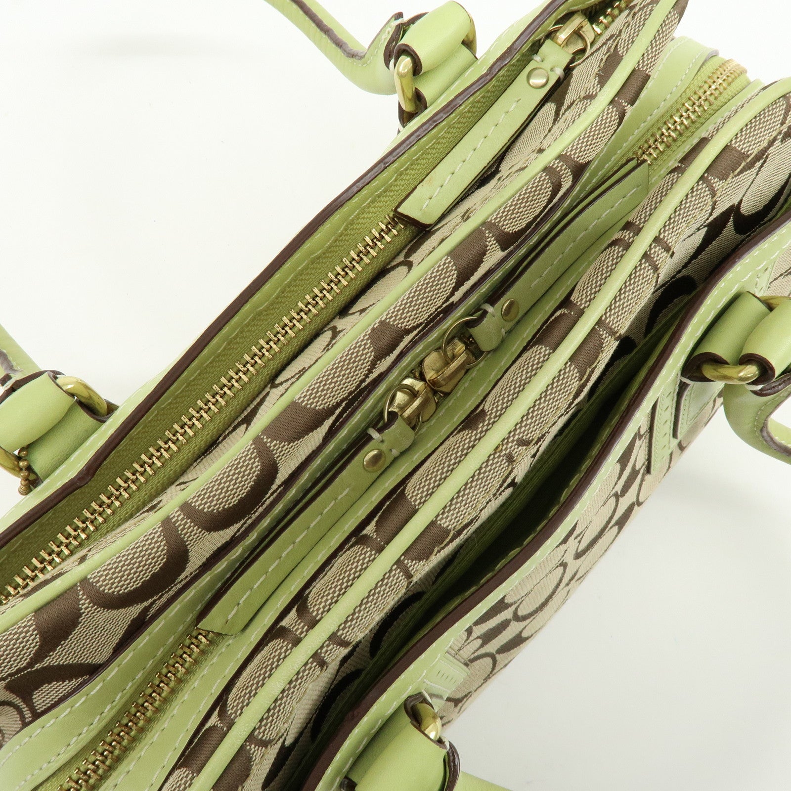 COACH Signature Canvas Leather Boston Hand Bag Light Brown Green