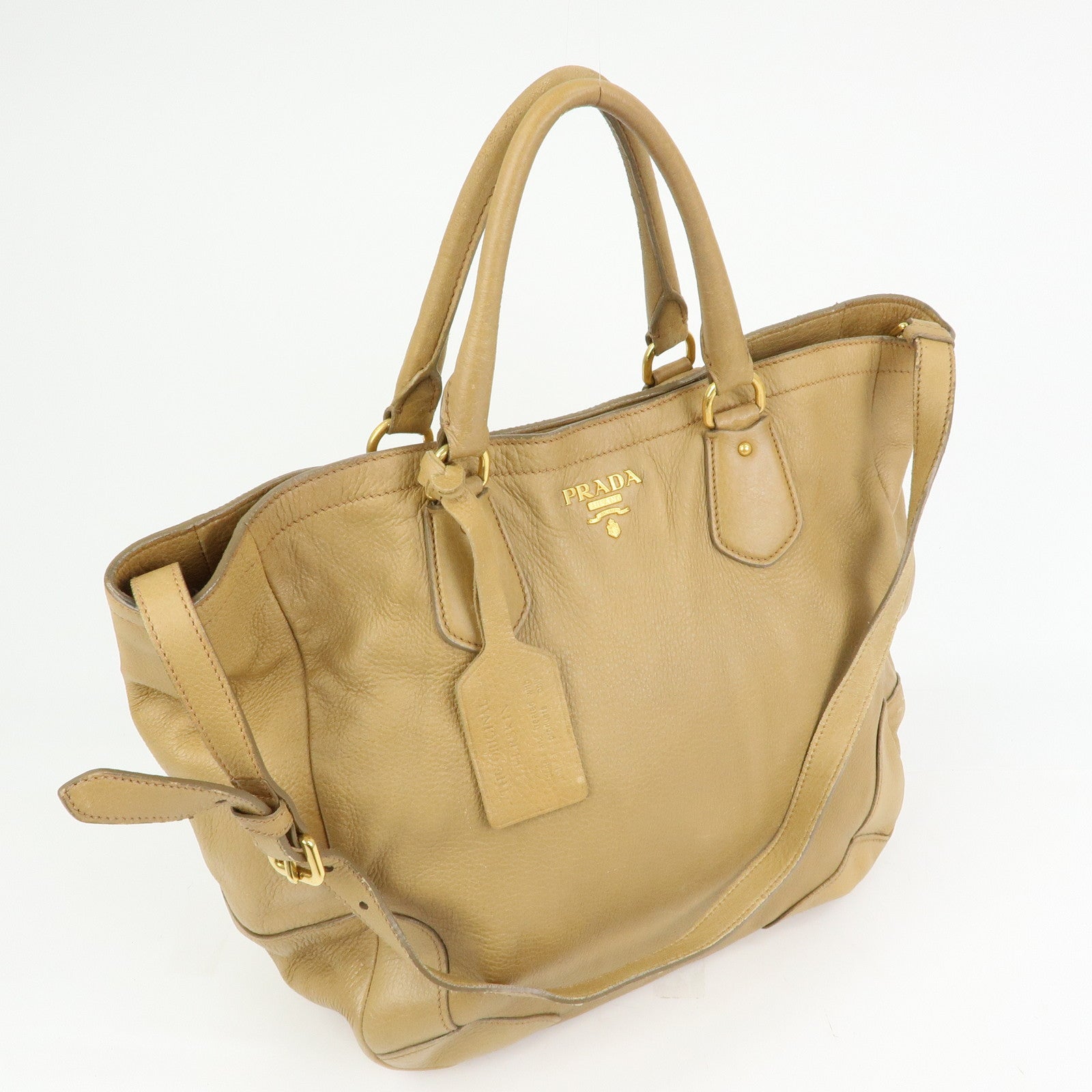 PRADA Calf Leather 2Way Bag Hand Bag Shoulder Bag Beige