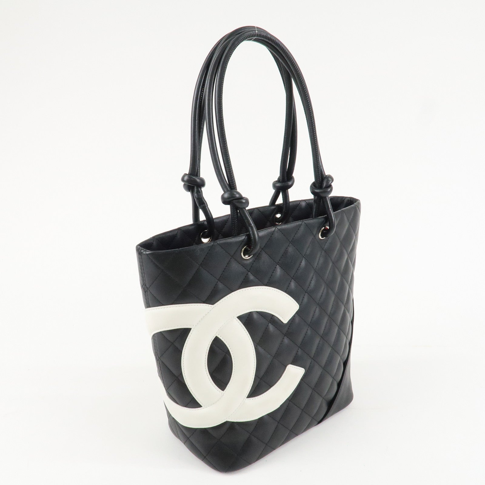 CHANEL Cambon Line COCO Mark Lamb Skin Small Tote Bag Black A25166 Used