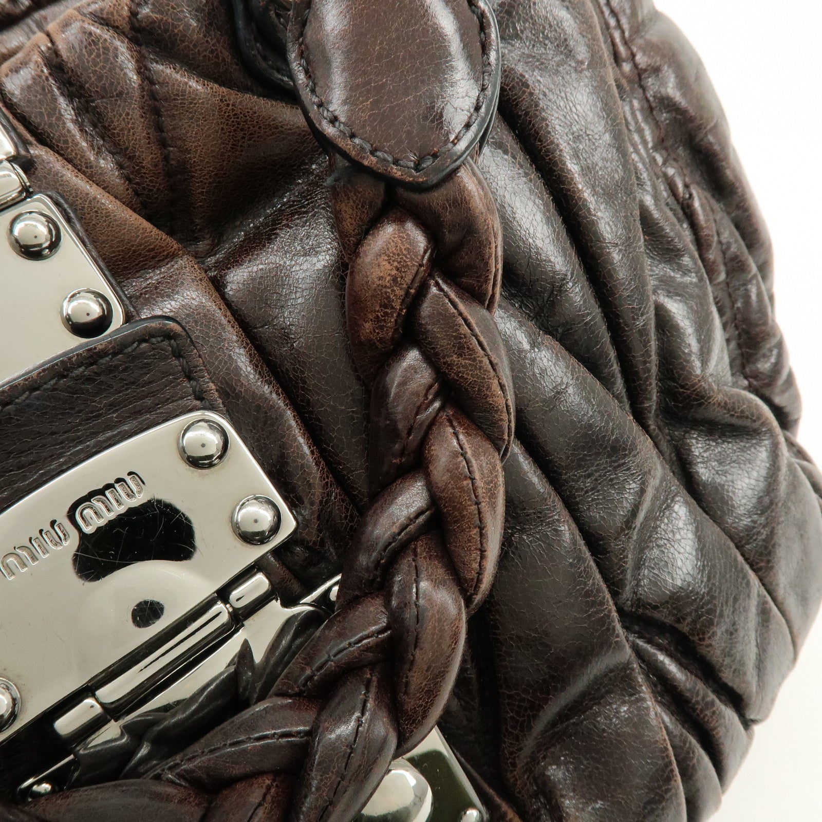 MIU MIU Matelasse Leather 2Way Bag Hand Bag Shoulder Bag Dark Brown