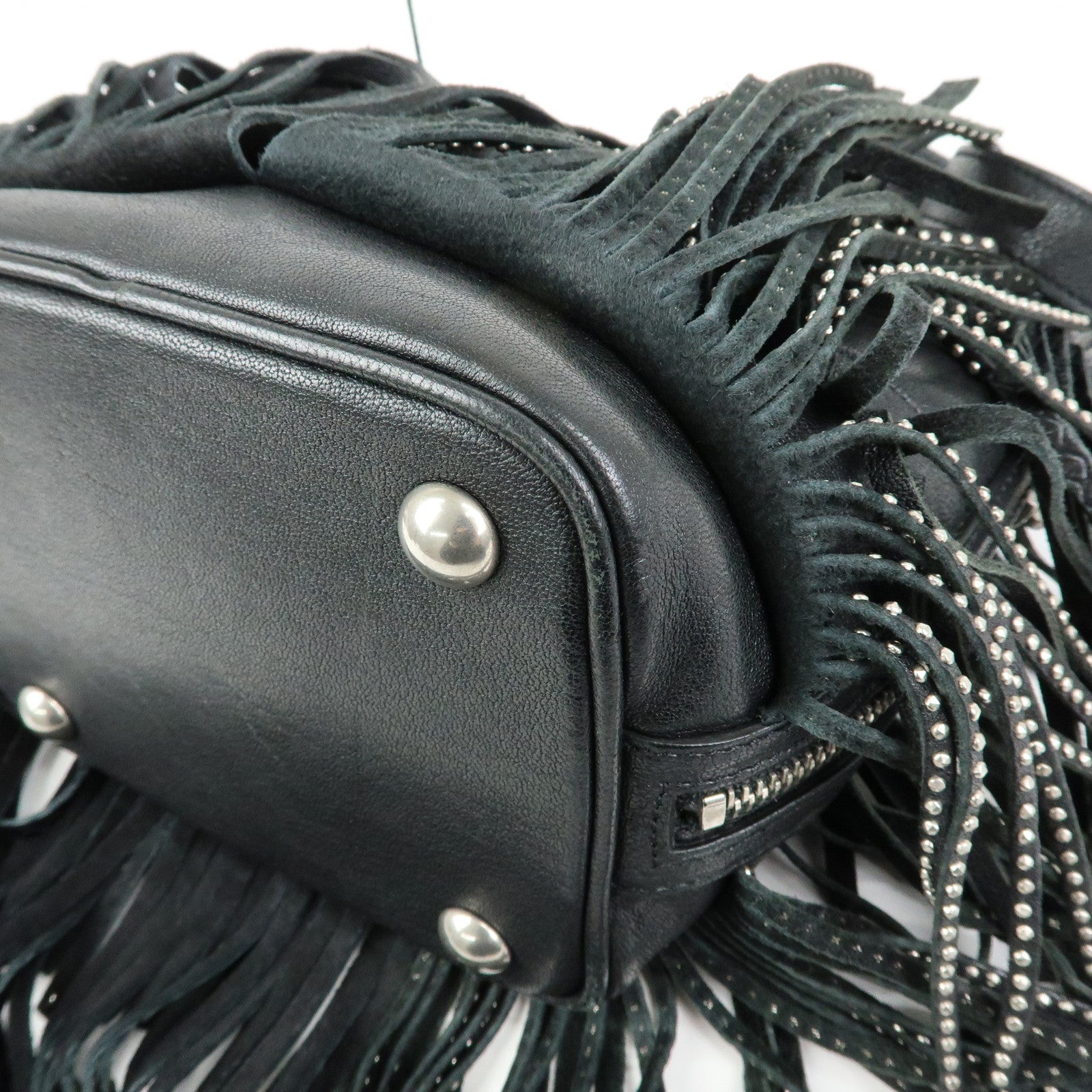 SAINT LAURENT PARIS Leather Fringe Shoulder Bag Black 357603