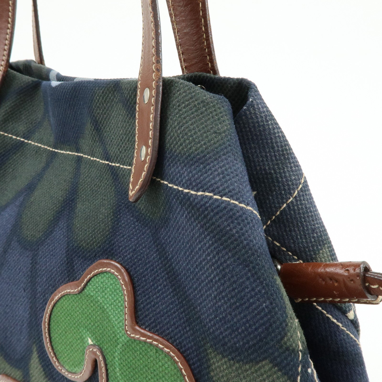 MIU MIU Canvas Leather Tote Bag Shoulder Bag Flower Motif Navy