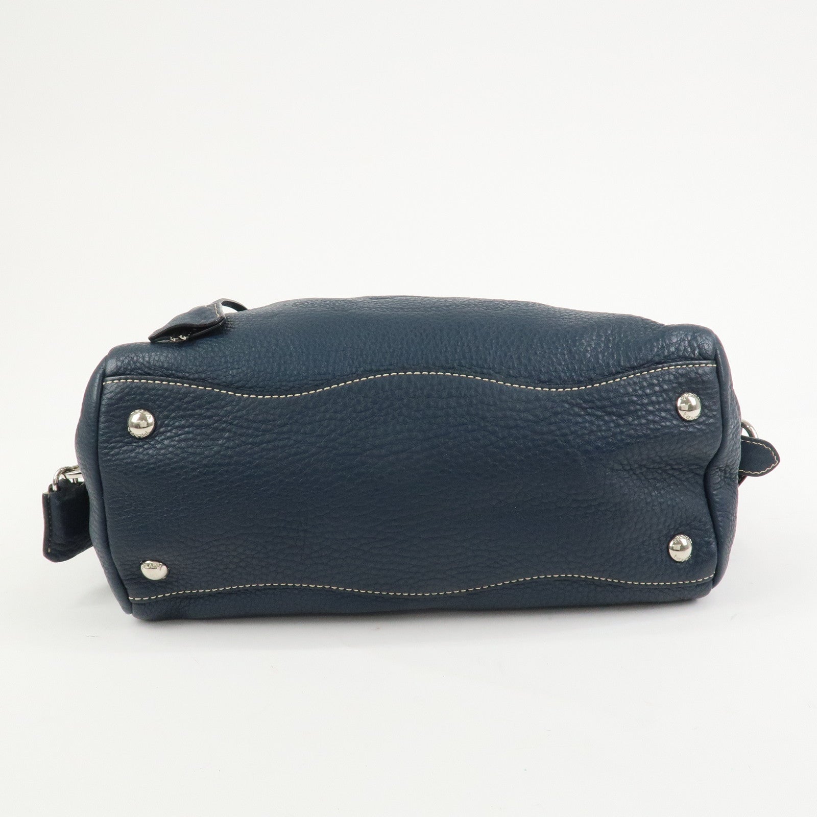 PRADA Logo Leather Boston Bag Hand Bag Navy BR3091