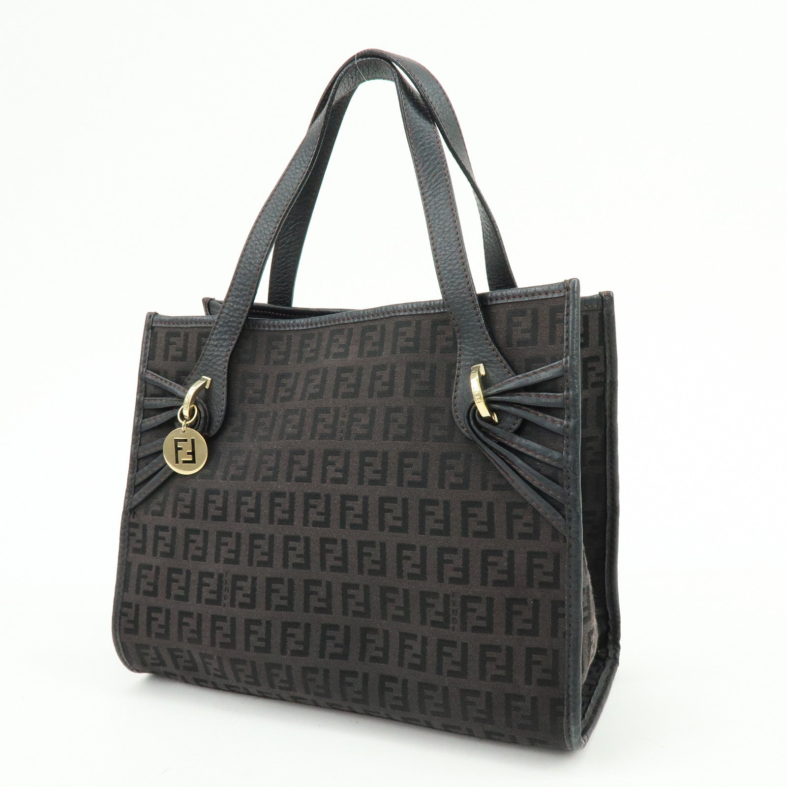 FENDI Zucchino Canvas Leather Hand Bag Tote Bag Brown 8BH152