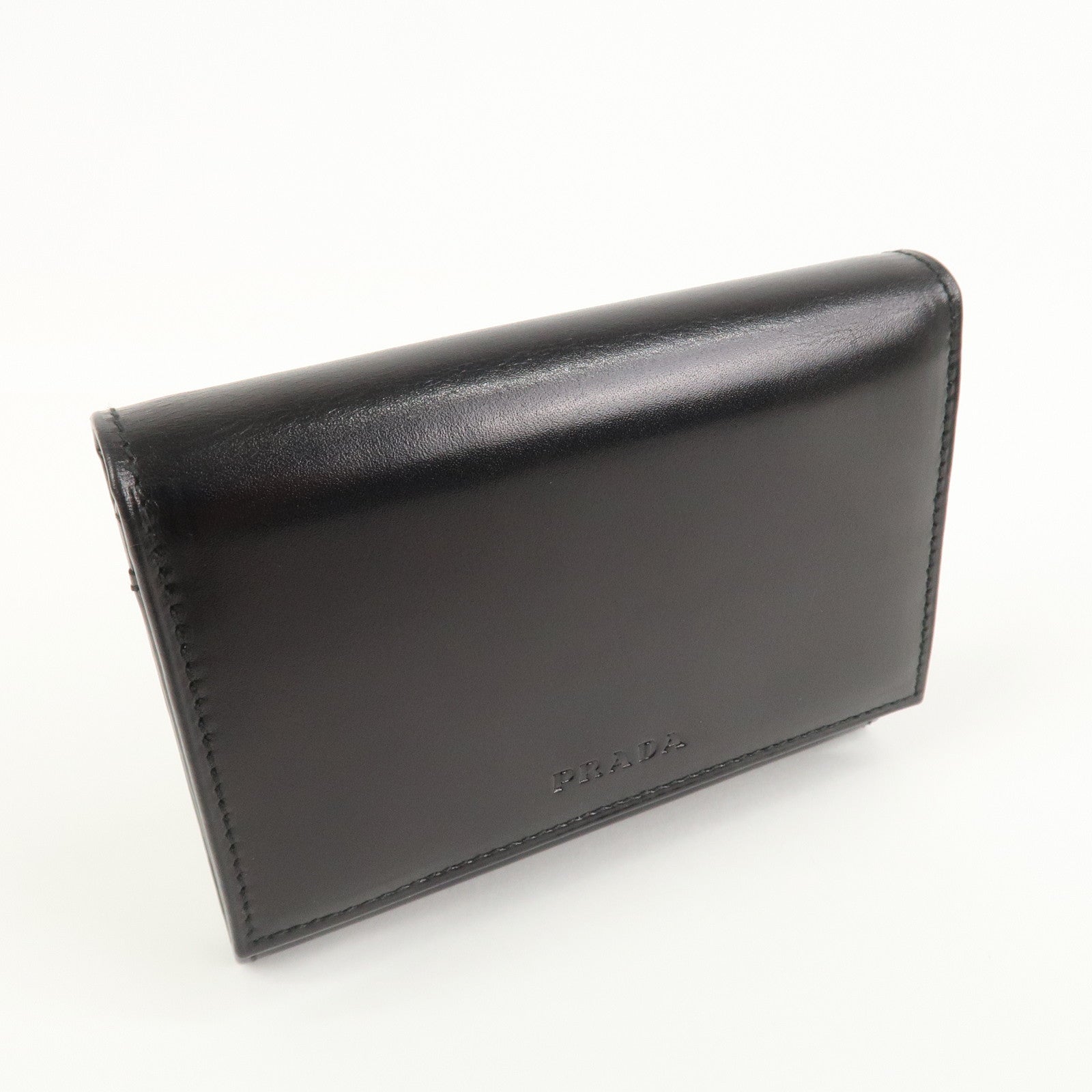 PRADA Logo Leather Compact Wallet Card Case Coin Case Black