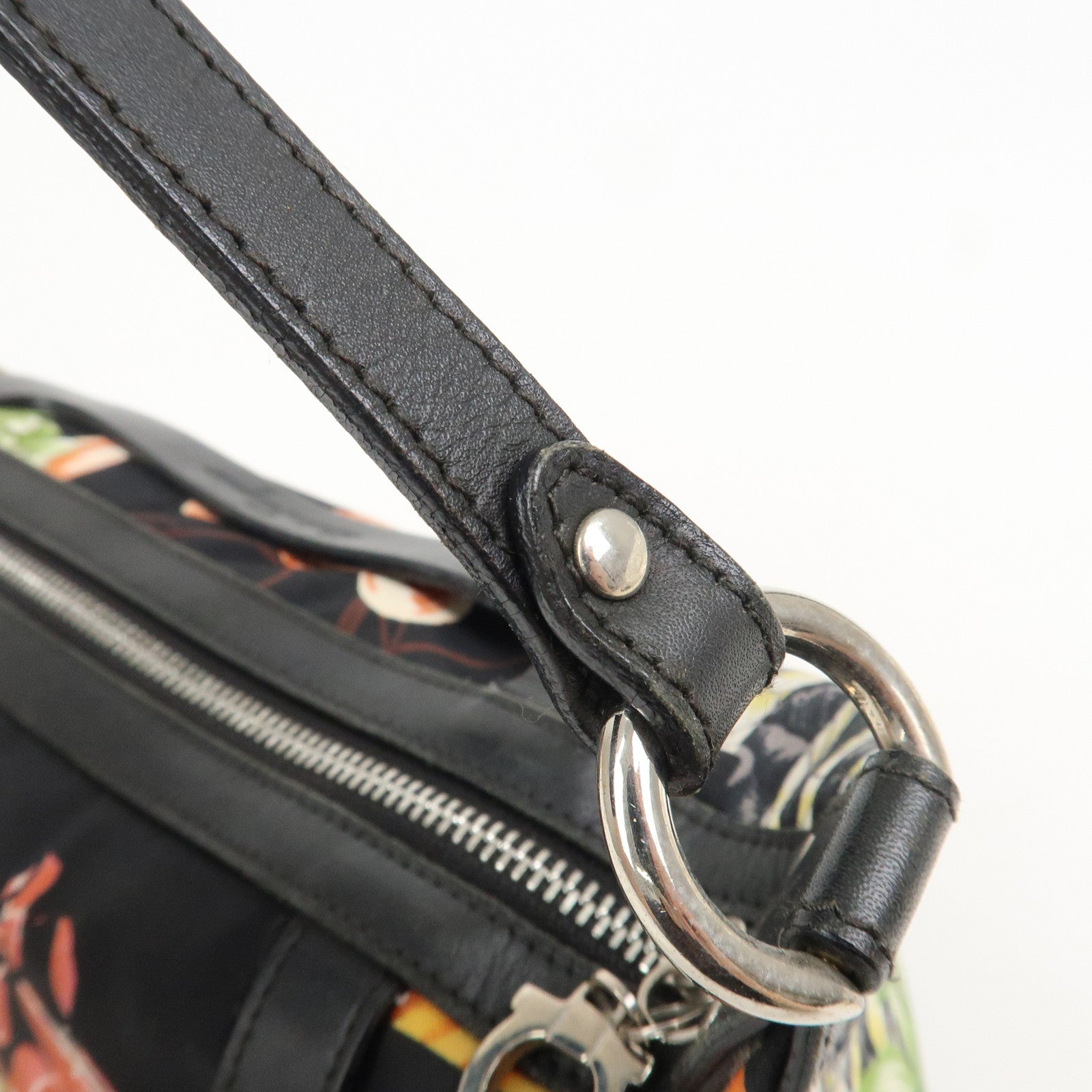 Ferragamo Nylon Leather Mini Hand Bag Shoulder Bag Animal Black