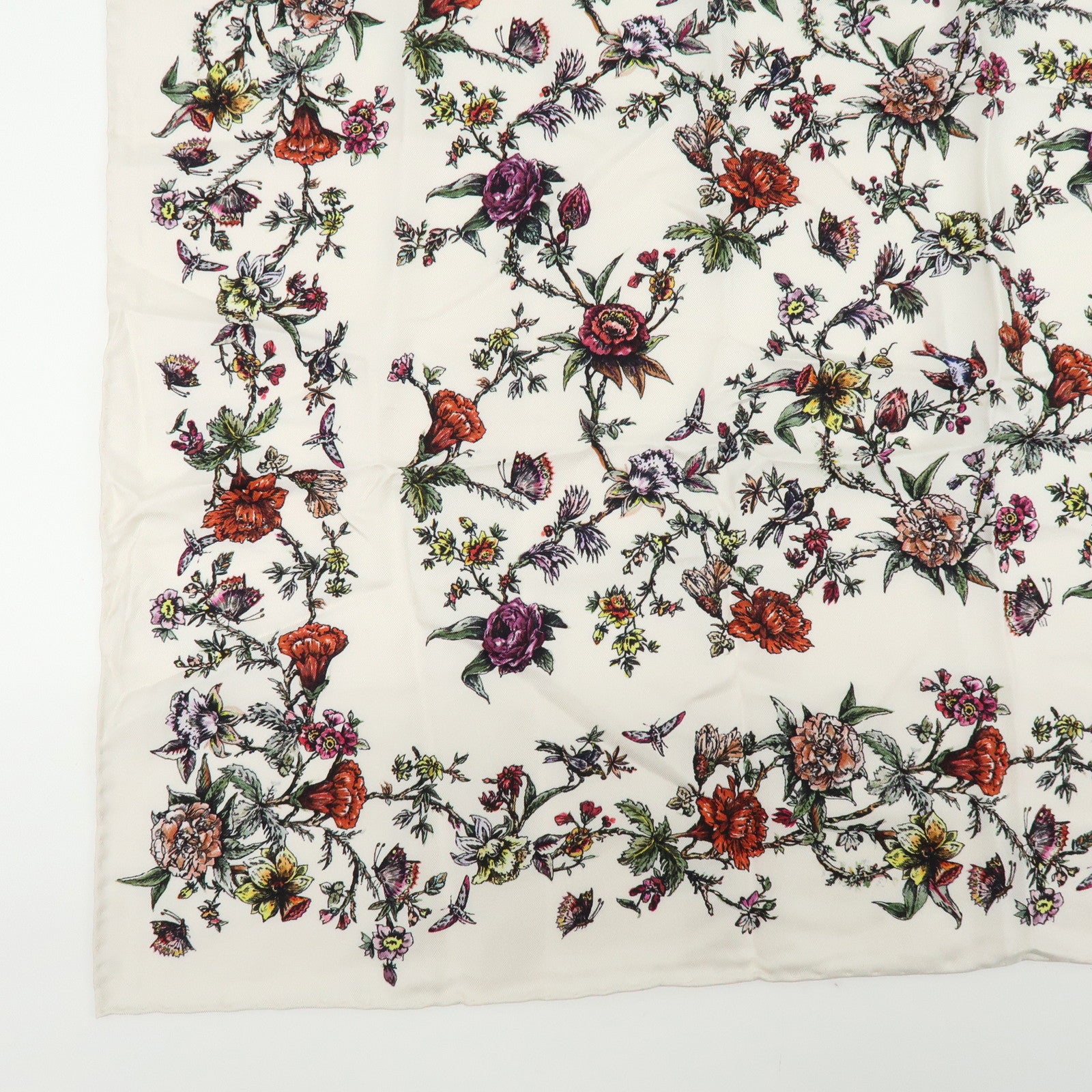 Christian Dior Flower Motif Silk 100% Scarf Ivory Multicolor