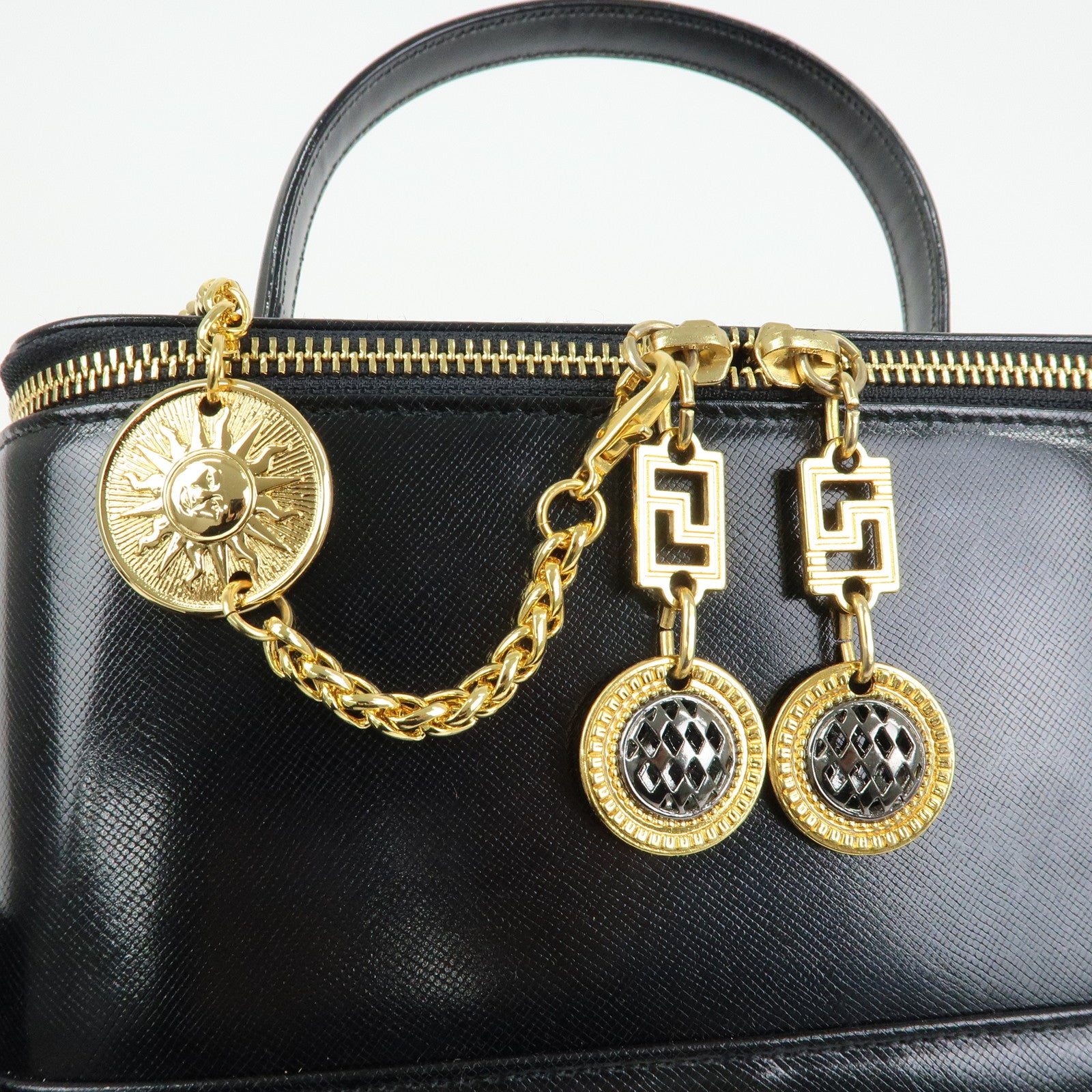 GIANNI VERSACE Leather Hand Bag Vanity Case Gold Charm Black