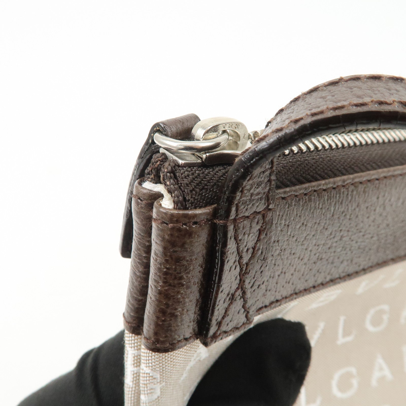 BVLGARI Logo Mania Canvas Leather Shoulder Bag Beige Dark Brown