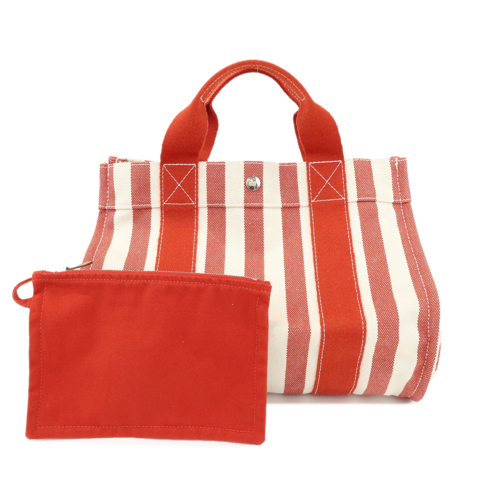 HERMES Canvas Cannes PM Tote Bag Hand Bag Red White
