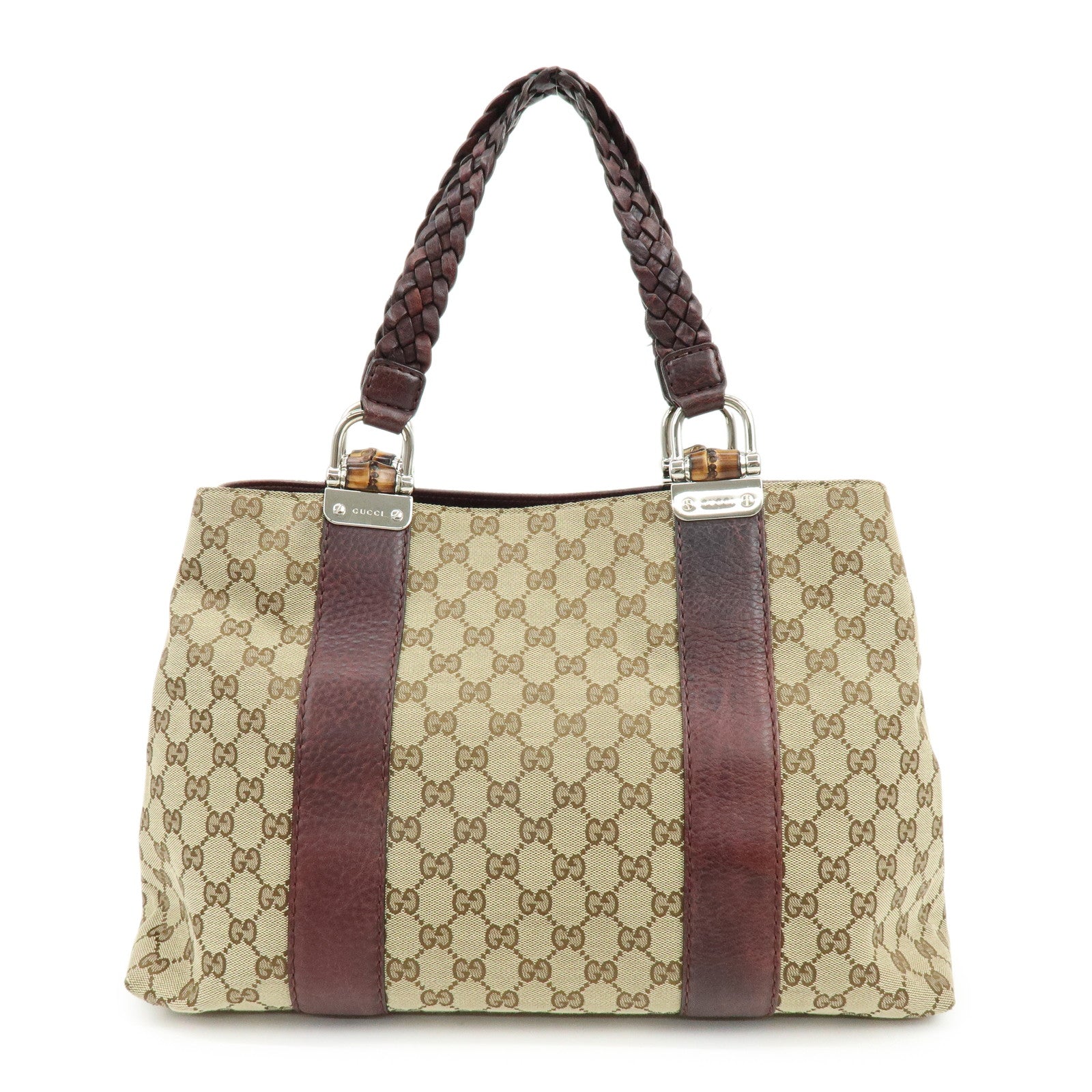 GUCCI Bamboo GG Canvas Leather Tote Hand Bag Beige Purple 232947