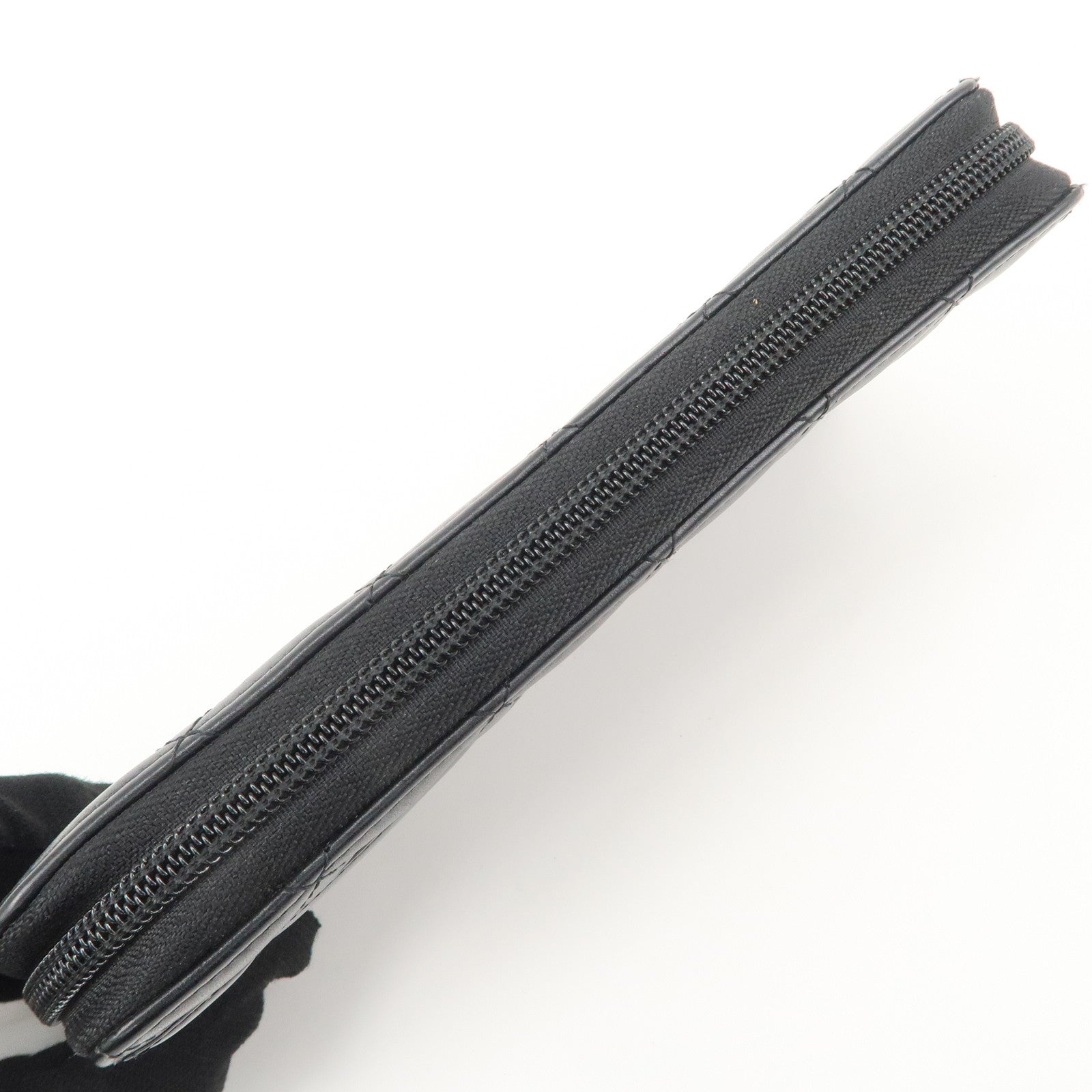 CHANEL Cambon Line Lamb Skin Round Zippy Long Wallet Black A50078 Used