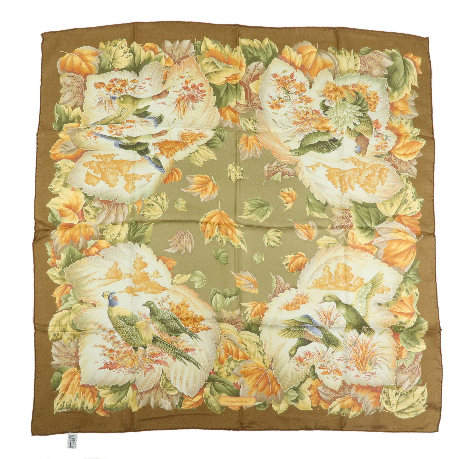 Ferragamo Silk 100% Scarf Autumn Bird And Leaf 85x85 Brown Orange