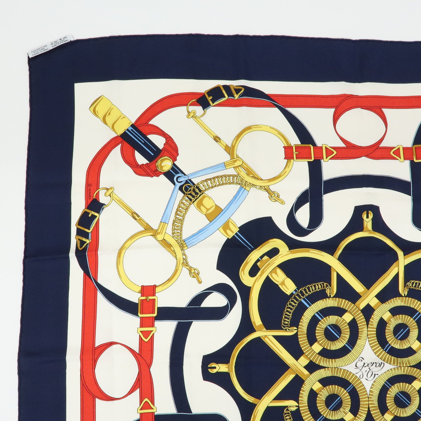 HERMES Carre 90 Silk 100% Scarf Eperon d'or Navy Ivory Red Gold