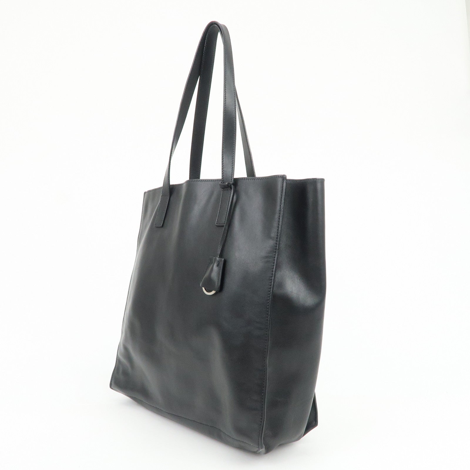 PRADA Triangle Logo Leather Tote Bag Hand Bag Black 1BG002