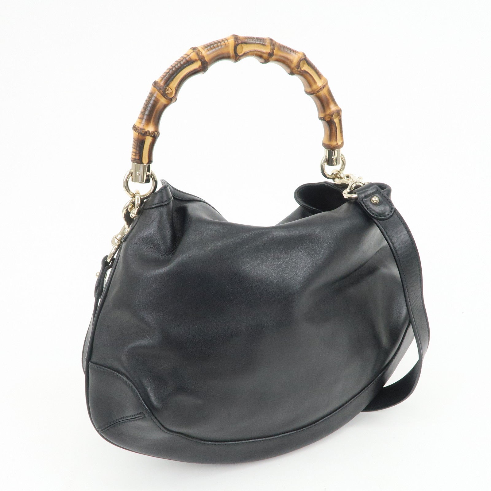 GUCCI Bamboo Leather 2Way Bag Hand Bag Shoulder Bag Black 169961