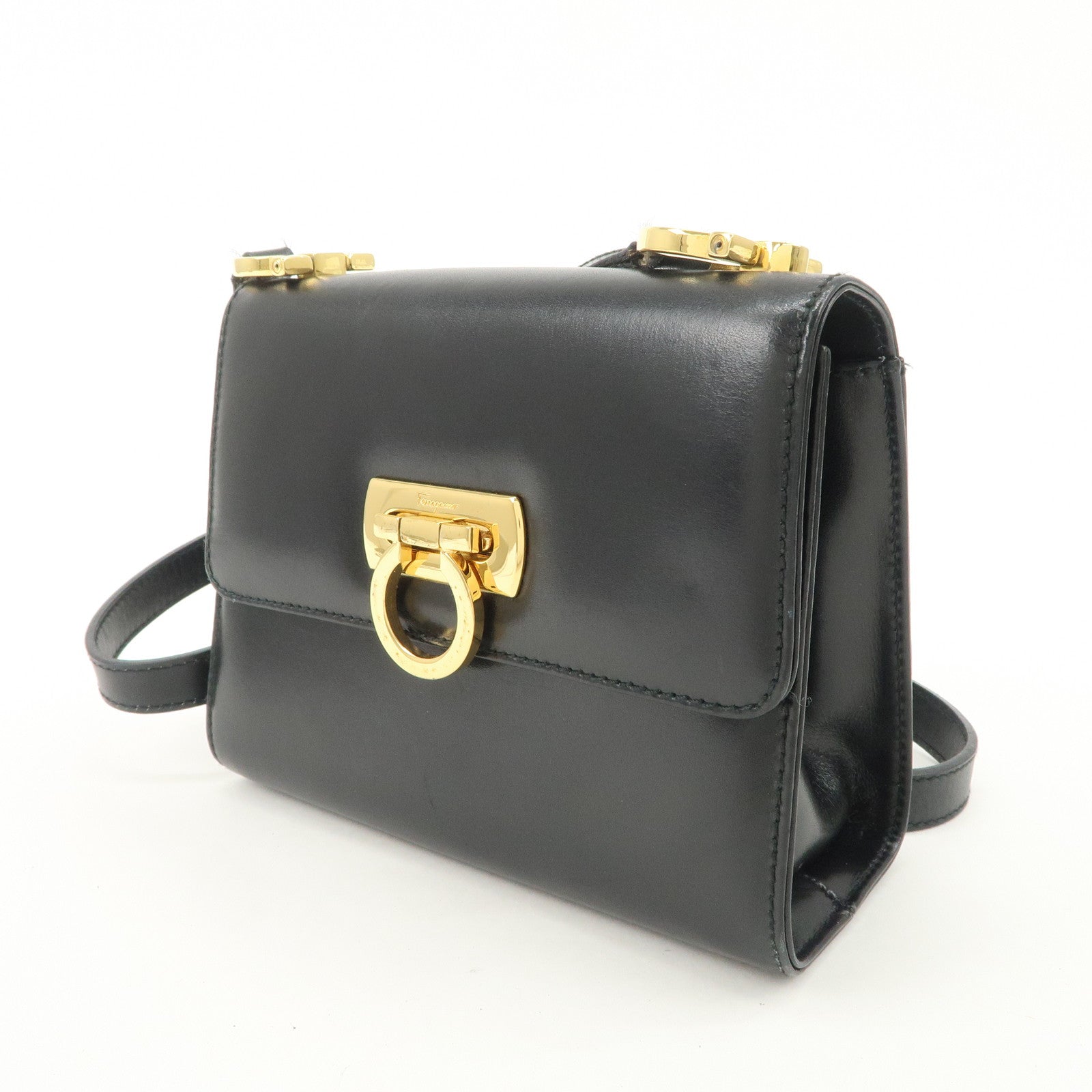 Ferragamo Gancini Leather Shoulder Bag Black