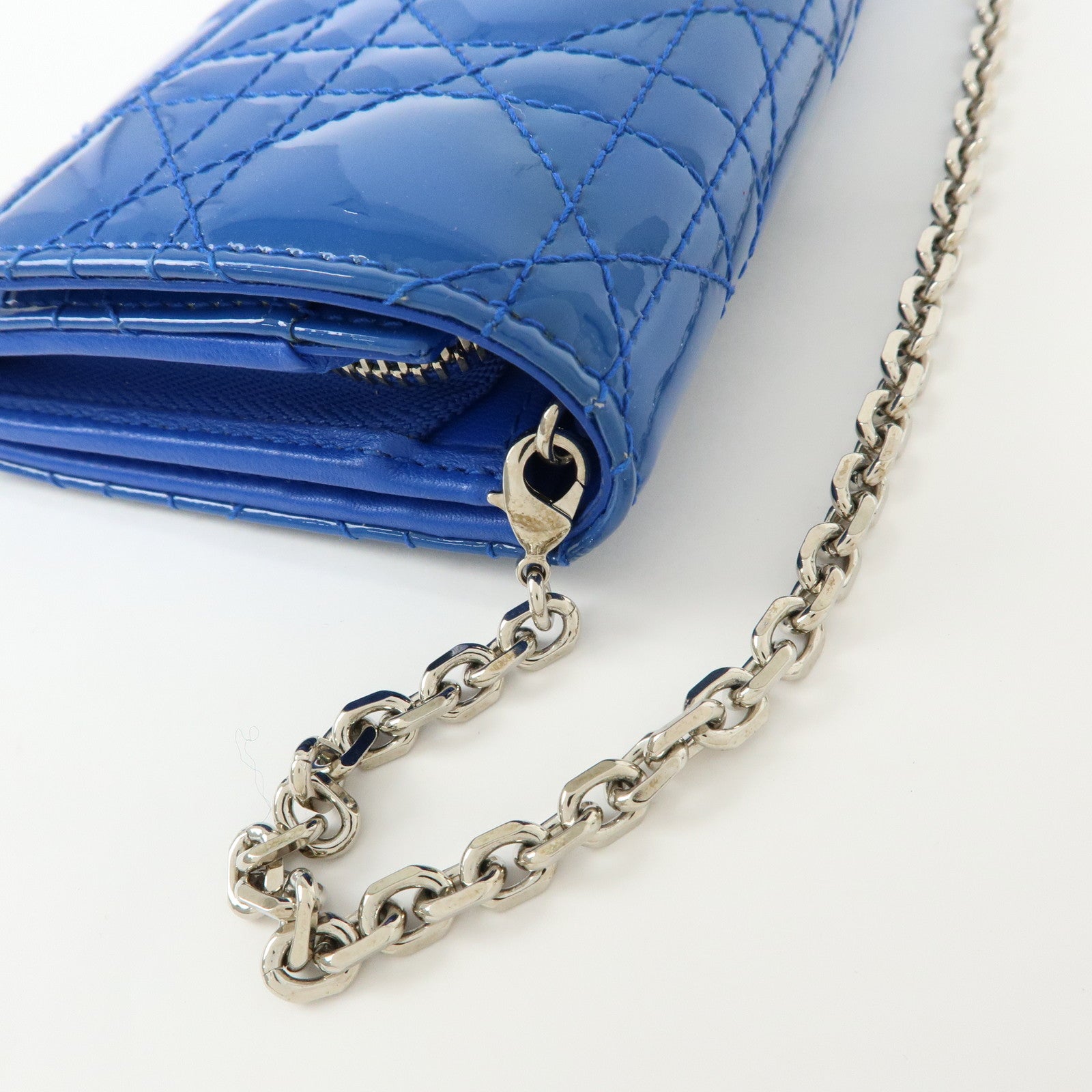 Christian Dior Cannage Patent Leather Chain Wallet WOC Blue Silver