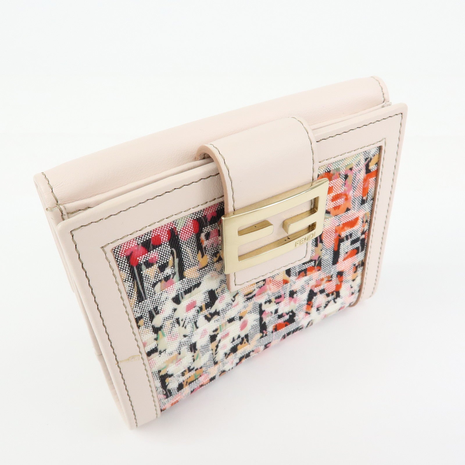 FENDI Zucchino Flower Canvas Leather Compact Wallet Pink 8M0188