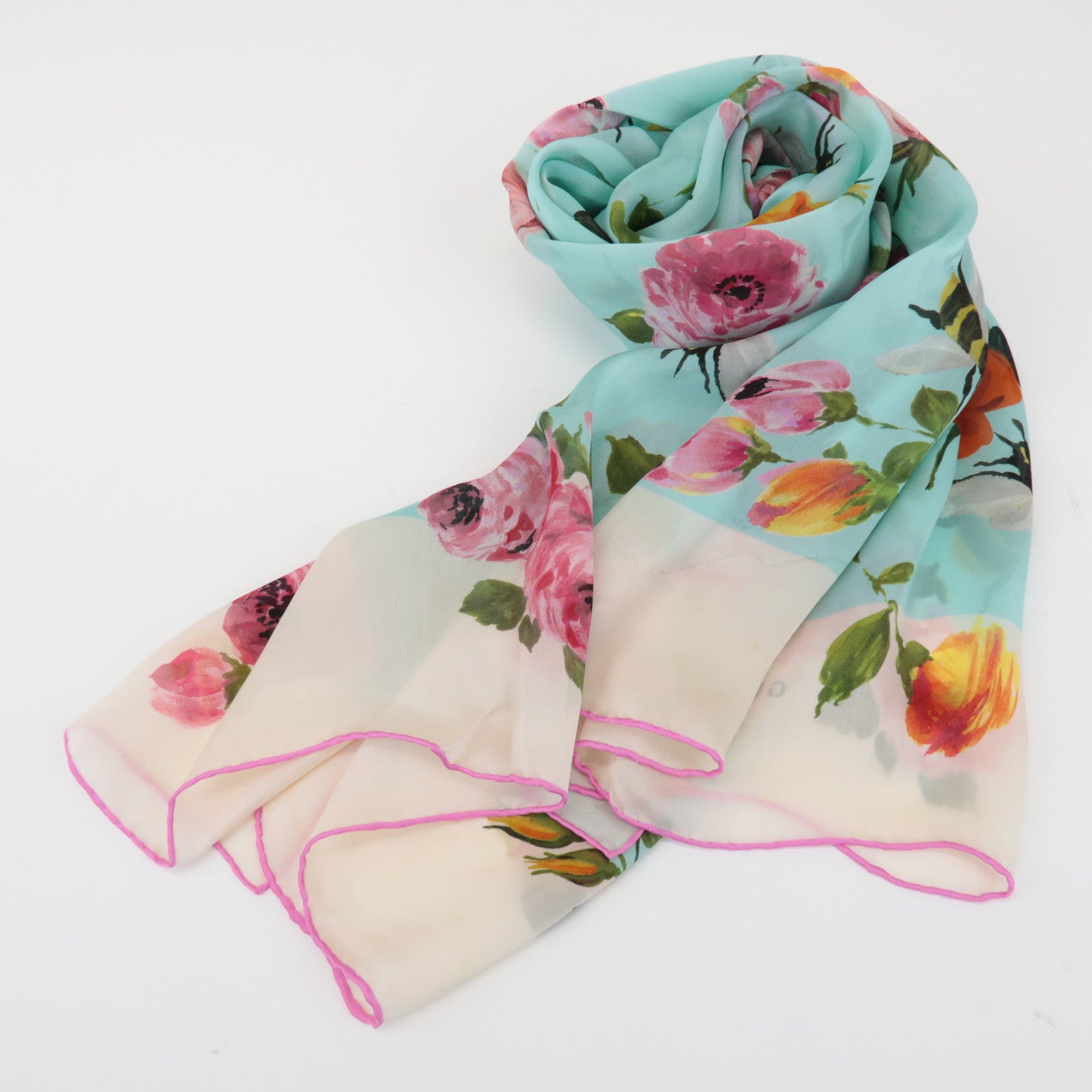 GUCCI Silk 100% 64 ×192 Floral Honey Bee Print Scarf Blue