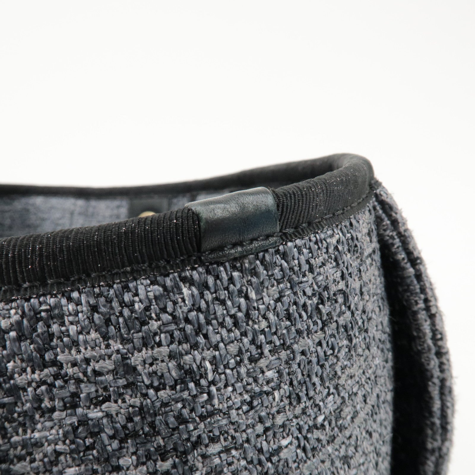 CHANEL Deauville Raffia Leather Chain Tote Bag MM Navy A66941 Used