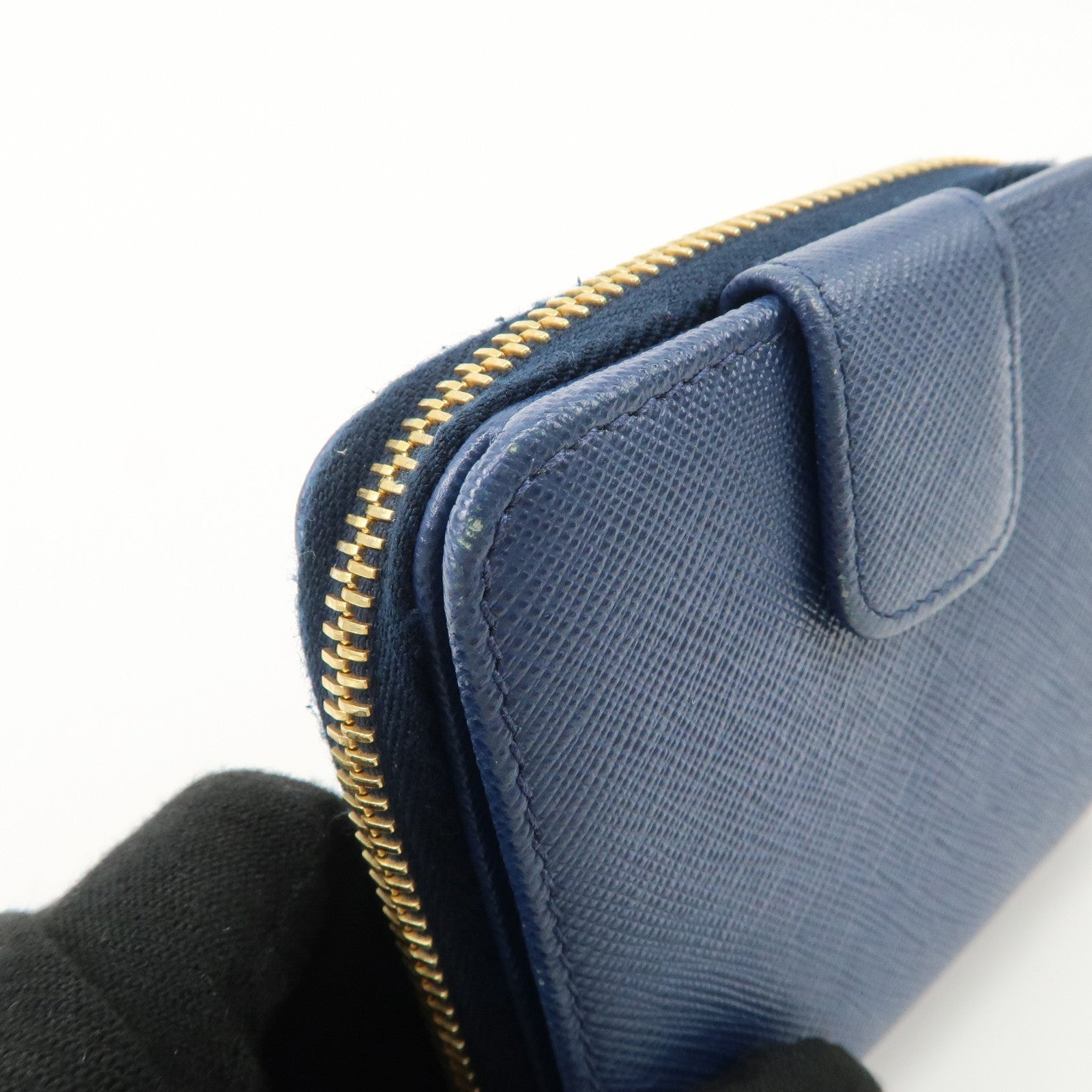 PRADA Logo Leather Round Zippy Bi-fold Wallet Blue 1ML522 Used