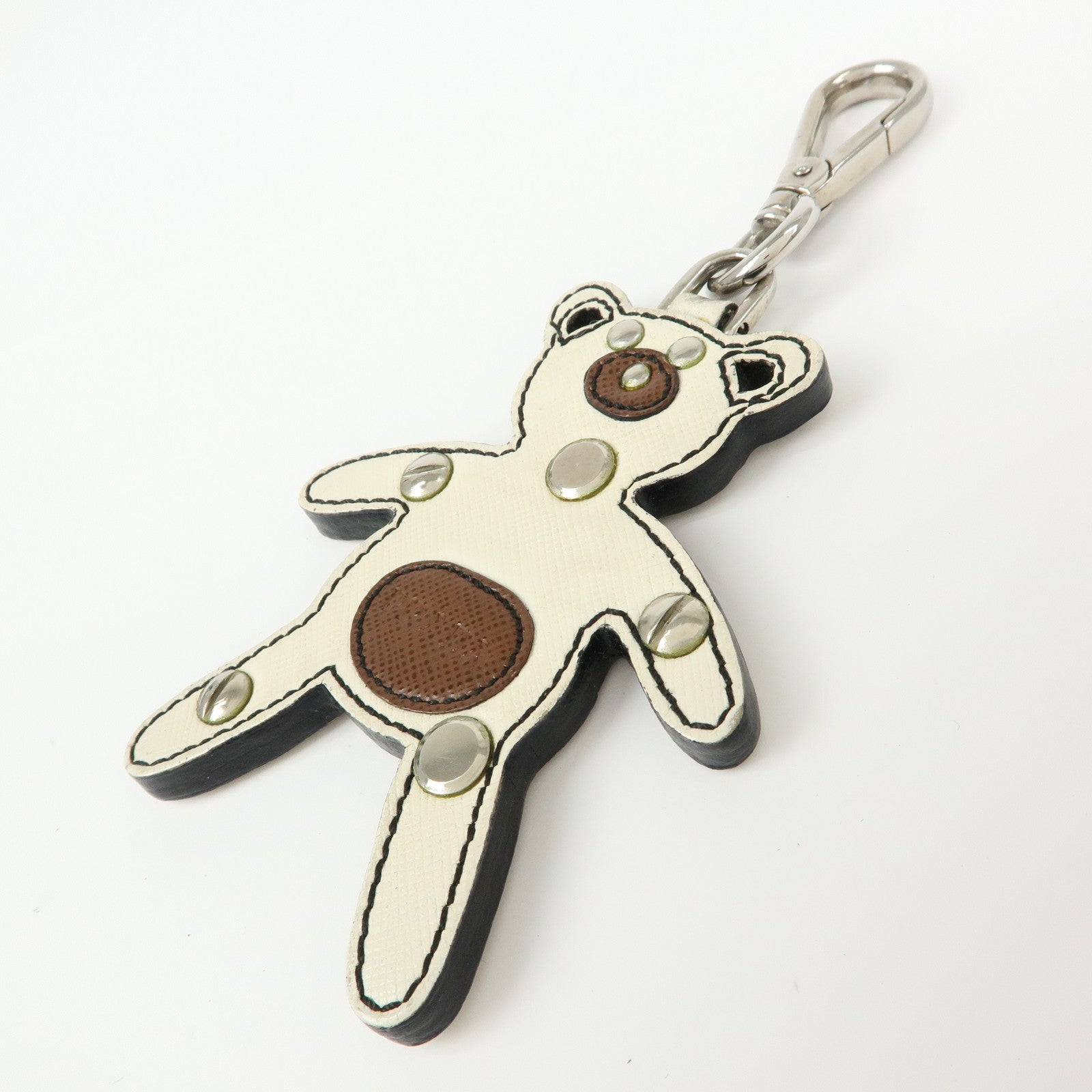 PRADA Saffiano Leather Bear Bag Charm Key Holder Ivory Brown 1AR831