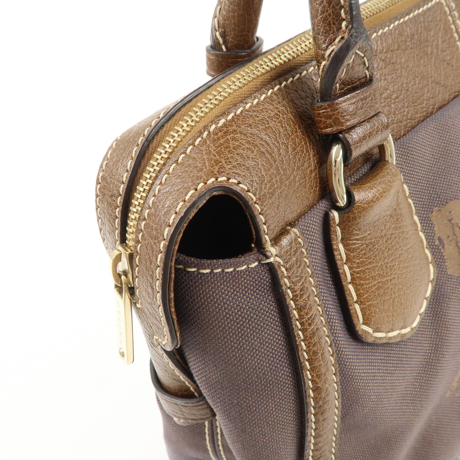 CELINE Leather Canvas Hand Bag Sulky Print Brown Used