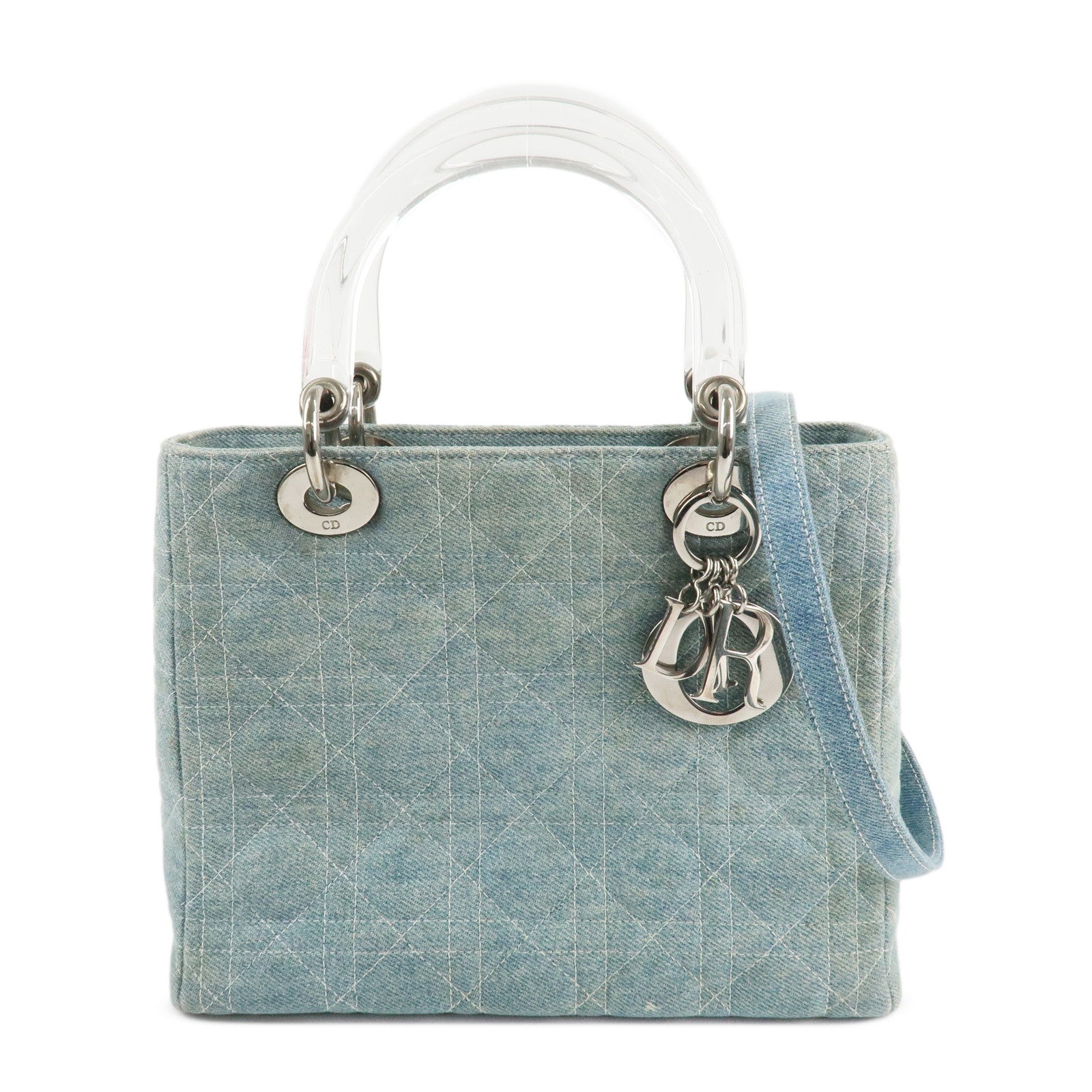Christian Dior Lady Dior Denim 2way Hand Shoulder Bag Light Blue Used
